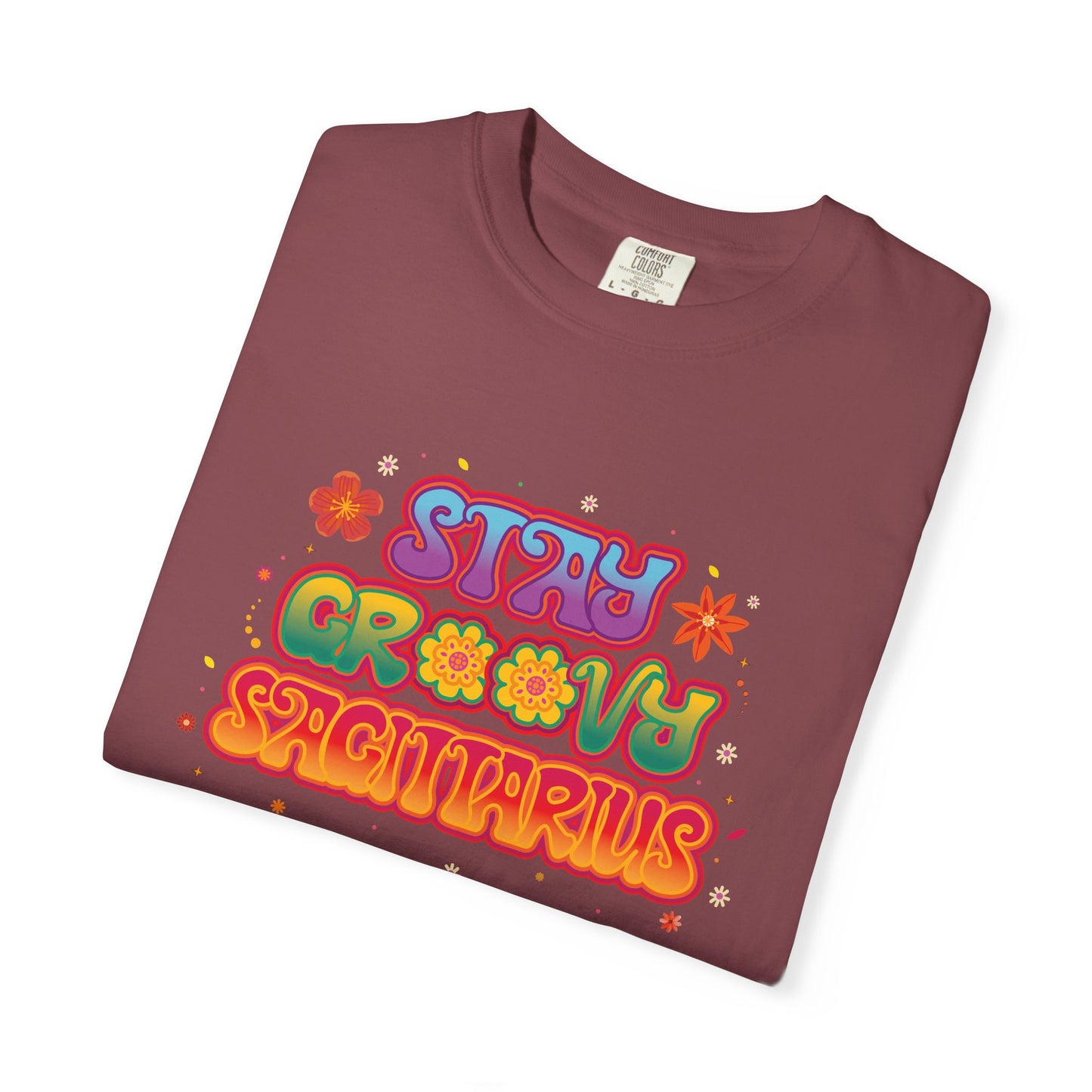 Stay Groovy Sagittarius – Retro Zodiac Flower Power Tee