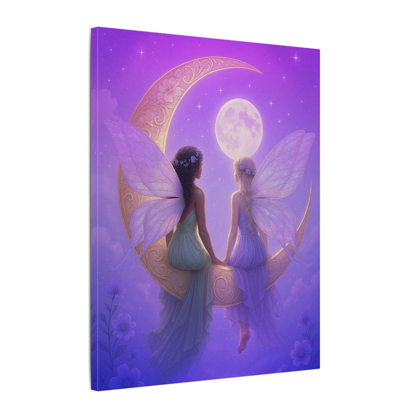 Fairy Friends on the Moon – Enchanted Purple Dream Wall Art