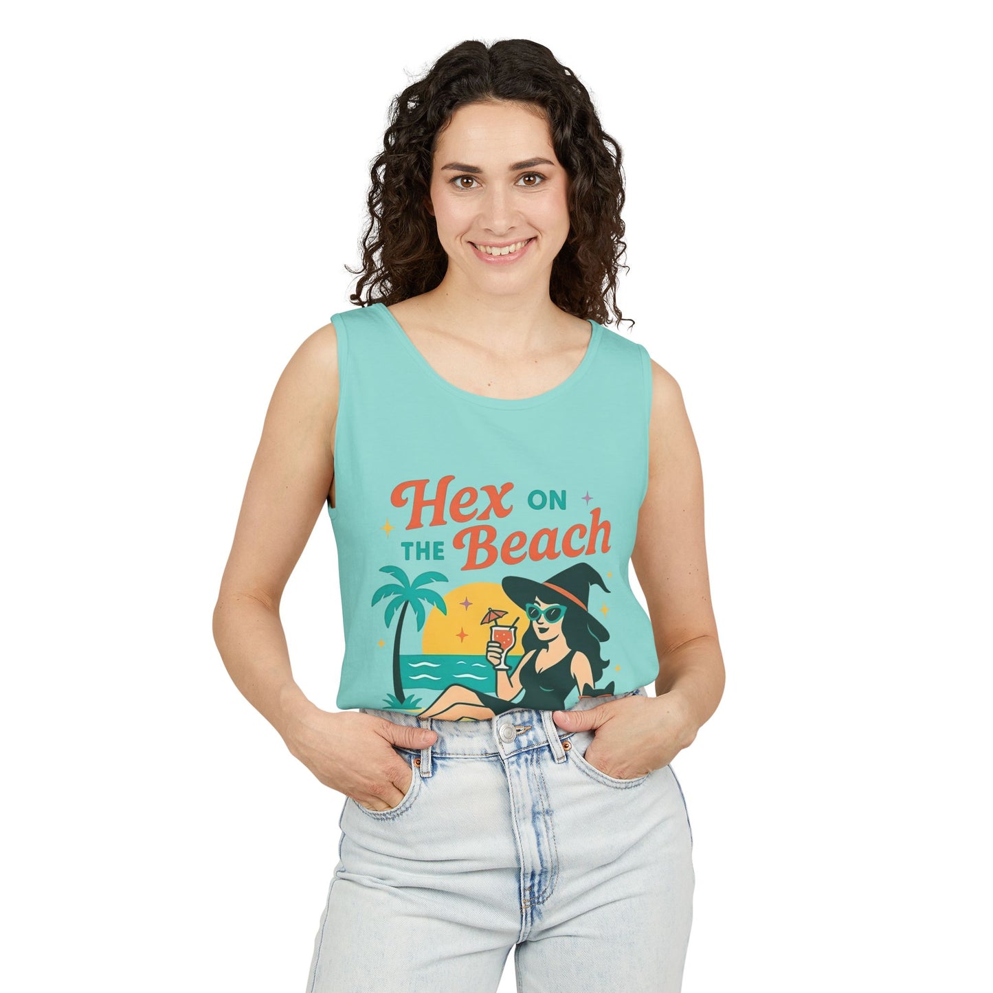 Hex on the Beach โ Sunset Witch Tank with Cat & Cocktail (Unisex)