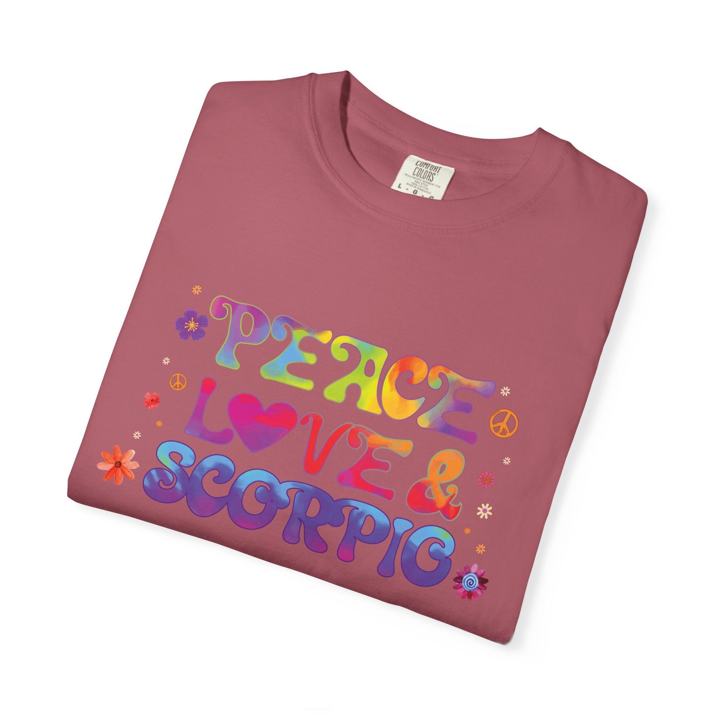 Peace Love & Scorpio Tee β Colorful Retro Zodiac Shirt