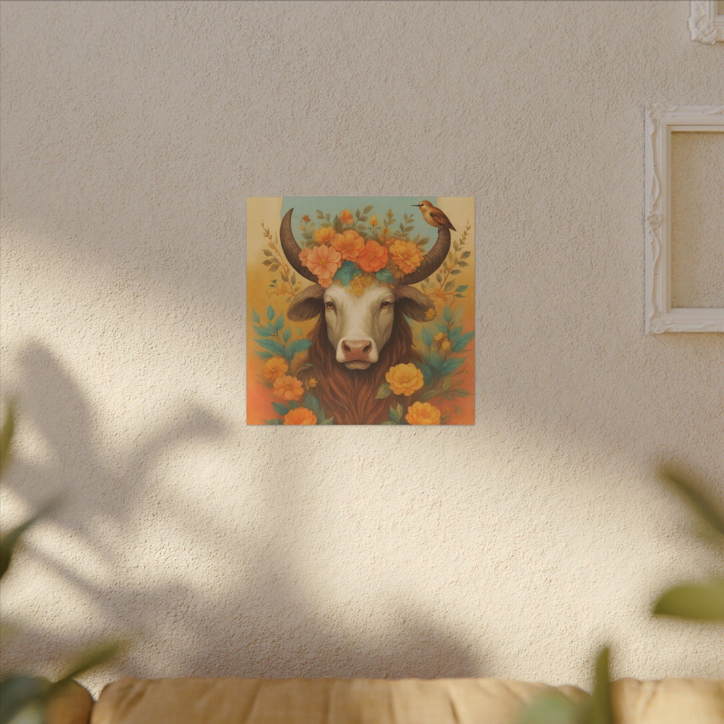 Bull with Bird – Floral Serenity Wall Art (Taurus Inspired), Square