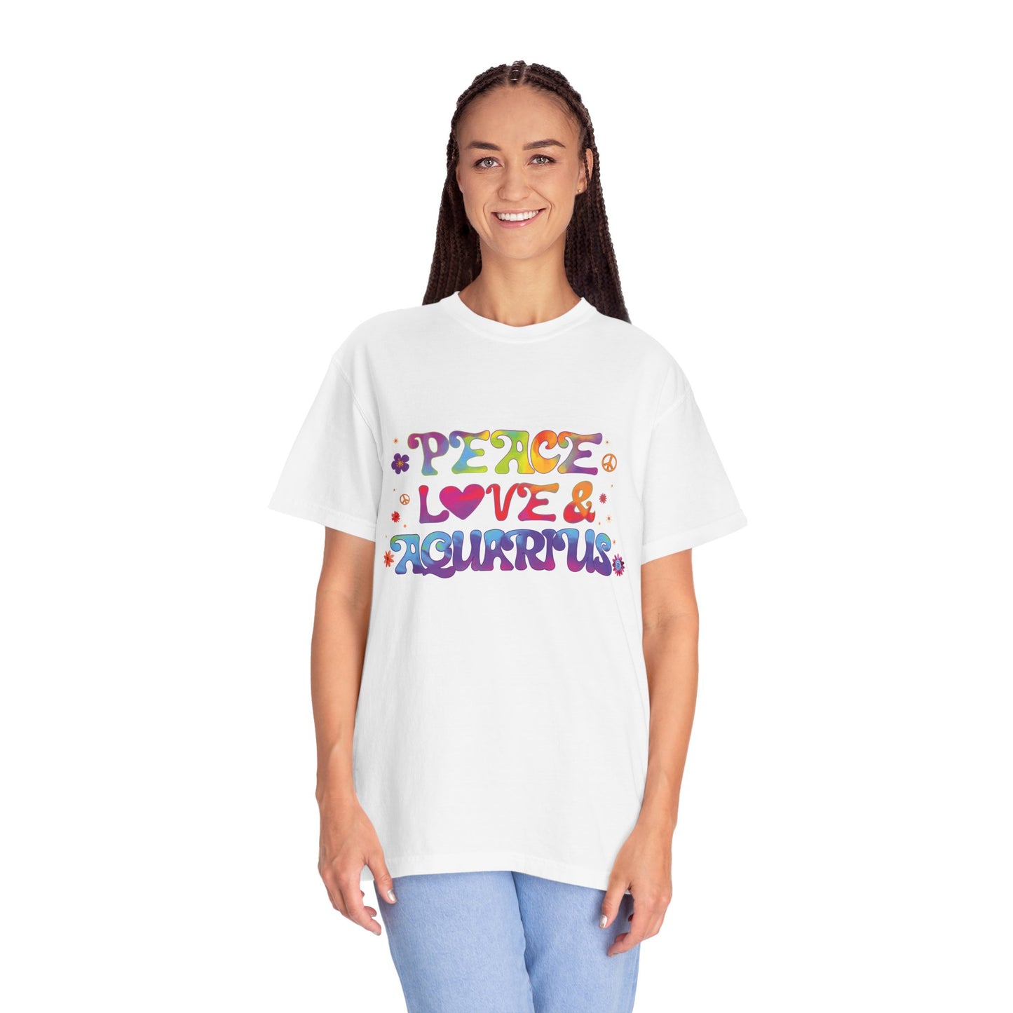Peace Love & Aquarius Tee – Groovy Multicolor Zodiac Shirt
