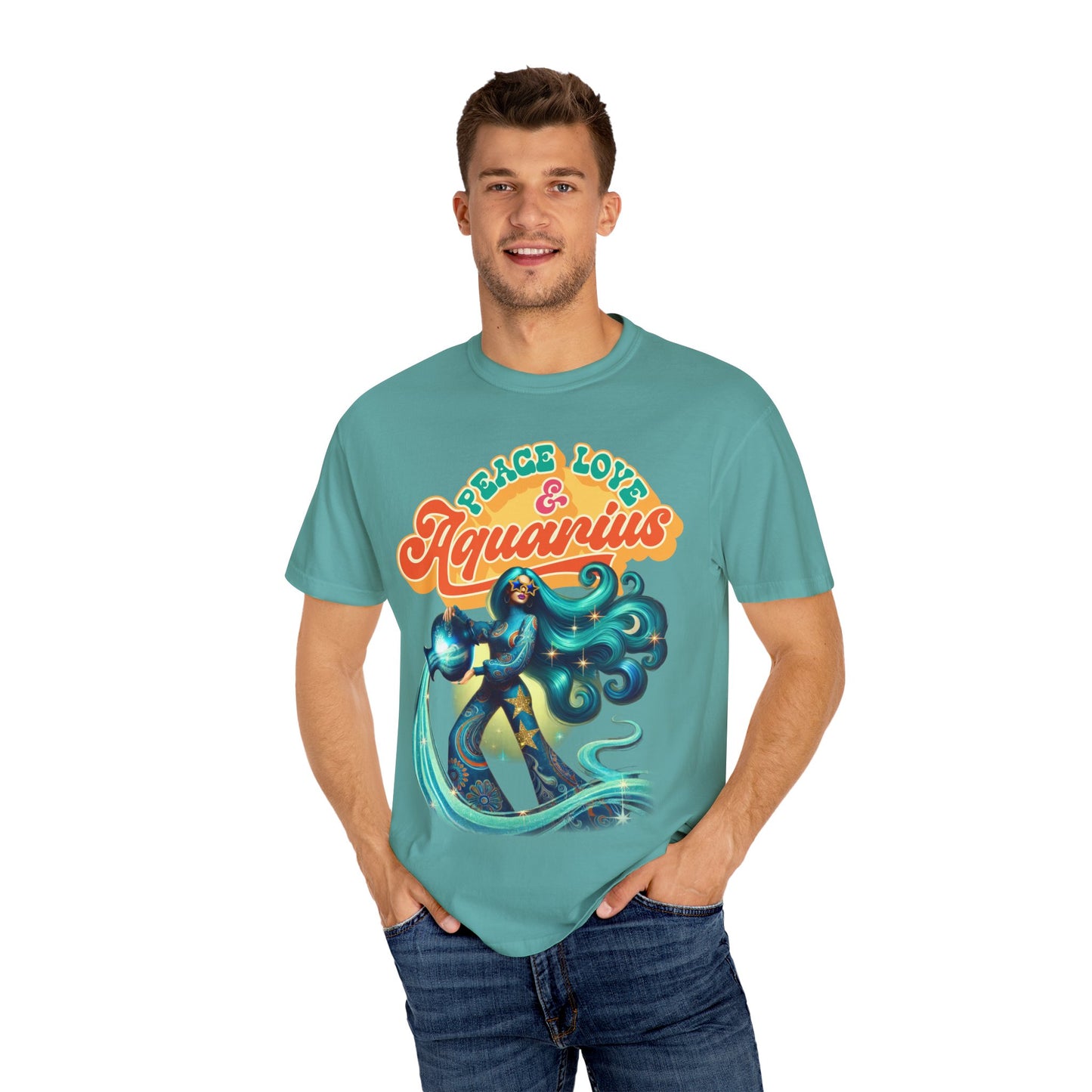 Peace Love & Aquarius – Retro Zodiac Water Bearer Tee