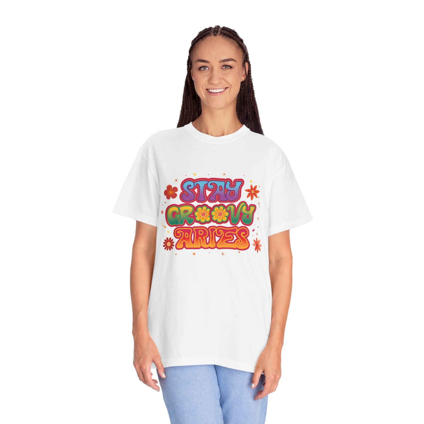 Stay Groovy Aries Tee – Colorful Retro Zodiac Shirt, 70s Flower Power Style