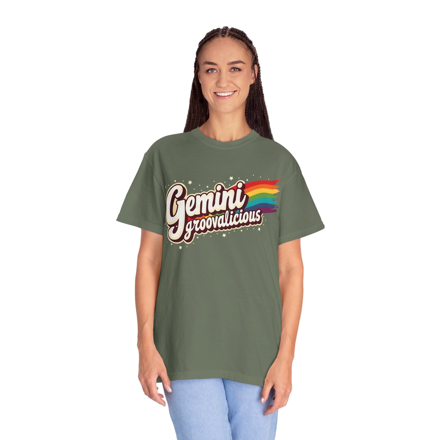 Gemini Groovalicious - Retro Rainbow Script Zodiac Tee