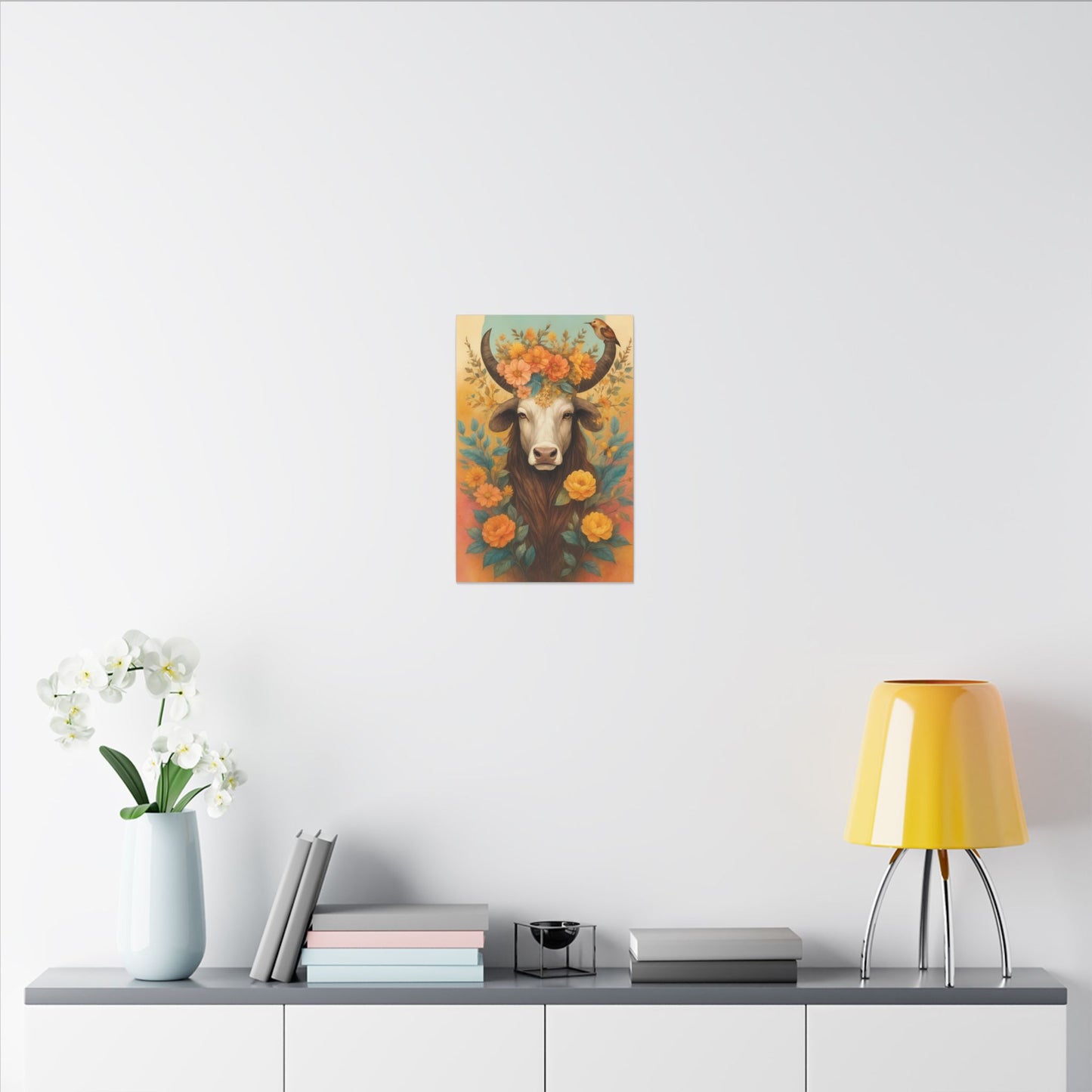 Bull with Bird – Floral Serenity Wall Art (Taurus Inspired)