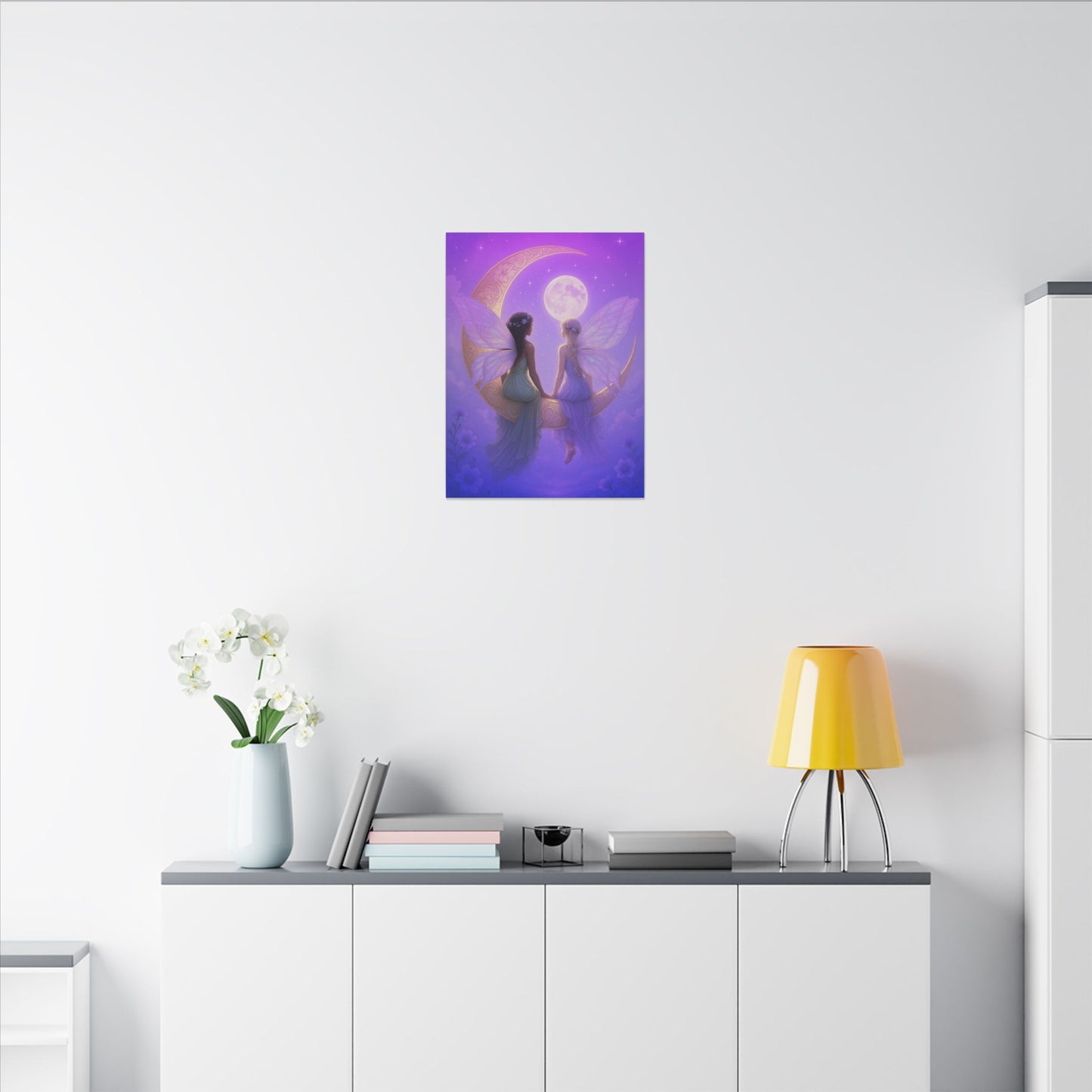 Fairy Friends on the Moon – Enchanted Purple Dream Wall Art
