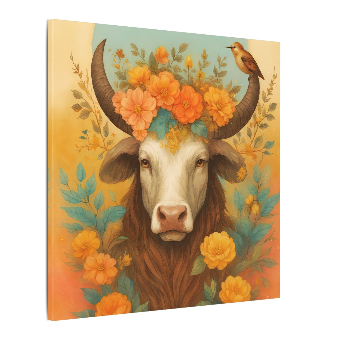 Bull with Bird – Floral Serenity Wall Art (Taurus Inspired), Square