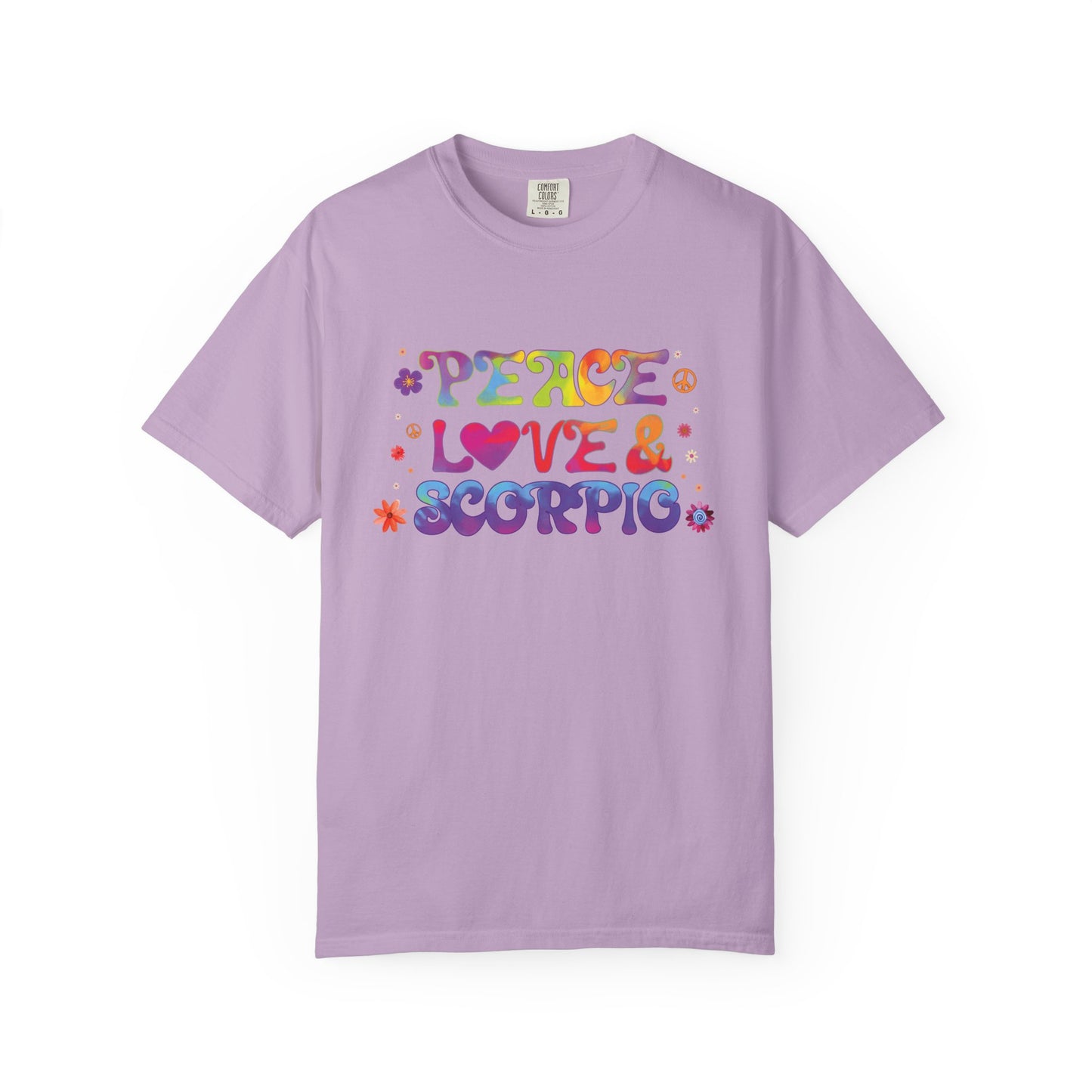 Peace Love & Scorpio Tee β Colorful Retro Zodiac Shirt