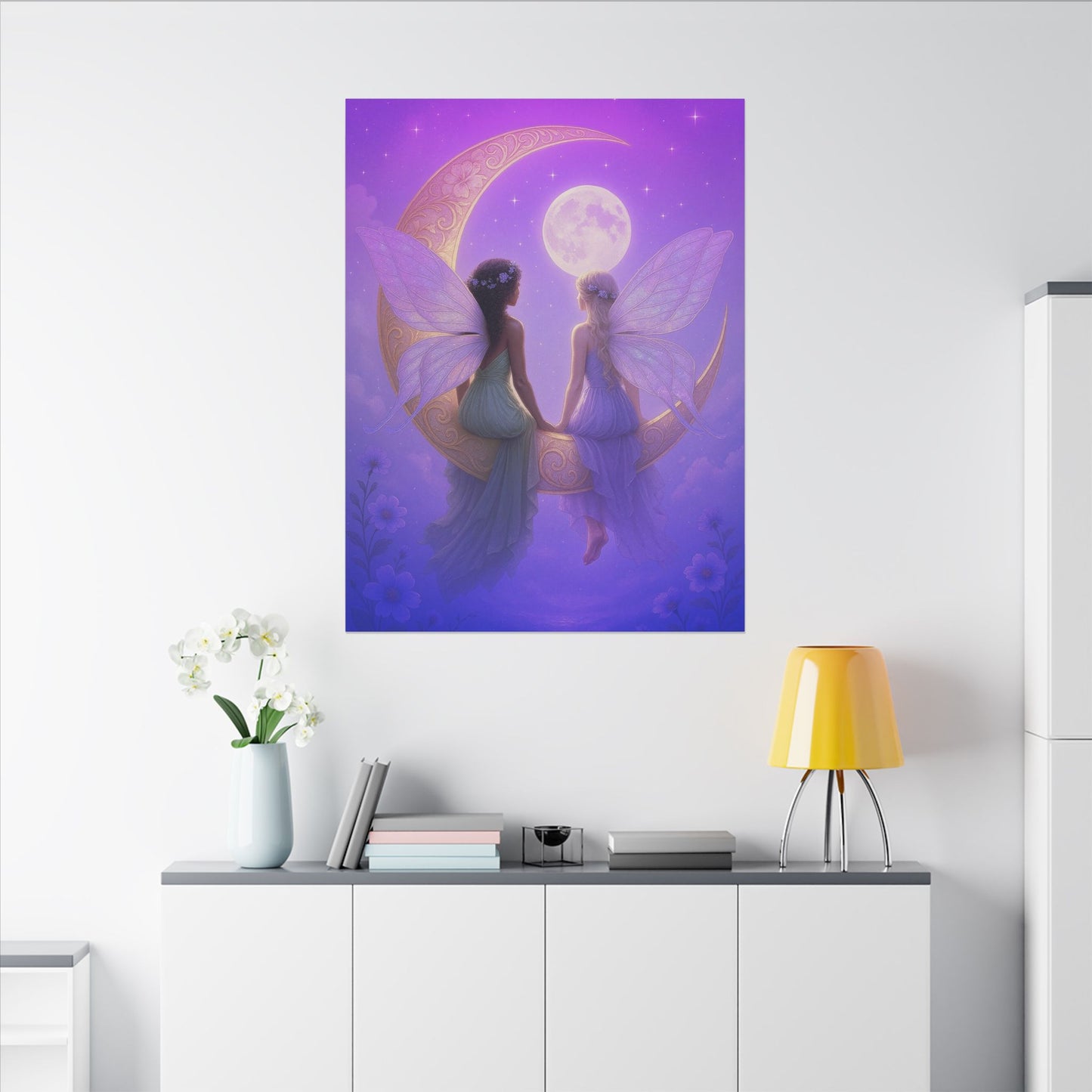 Fairy Friends on the Moon – Enchanted Purple Dream Wall Art