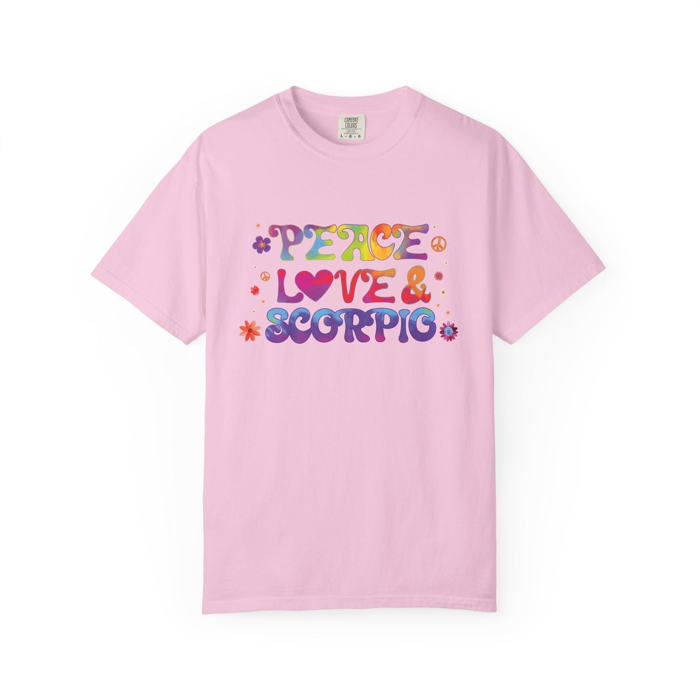 Peace Love & Scorpio Tee β Colorful Retro Zodiac Shirt