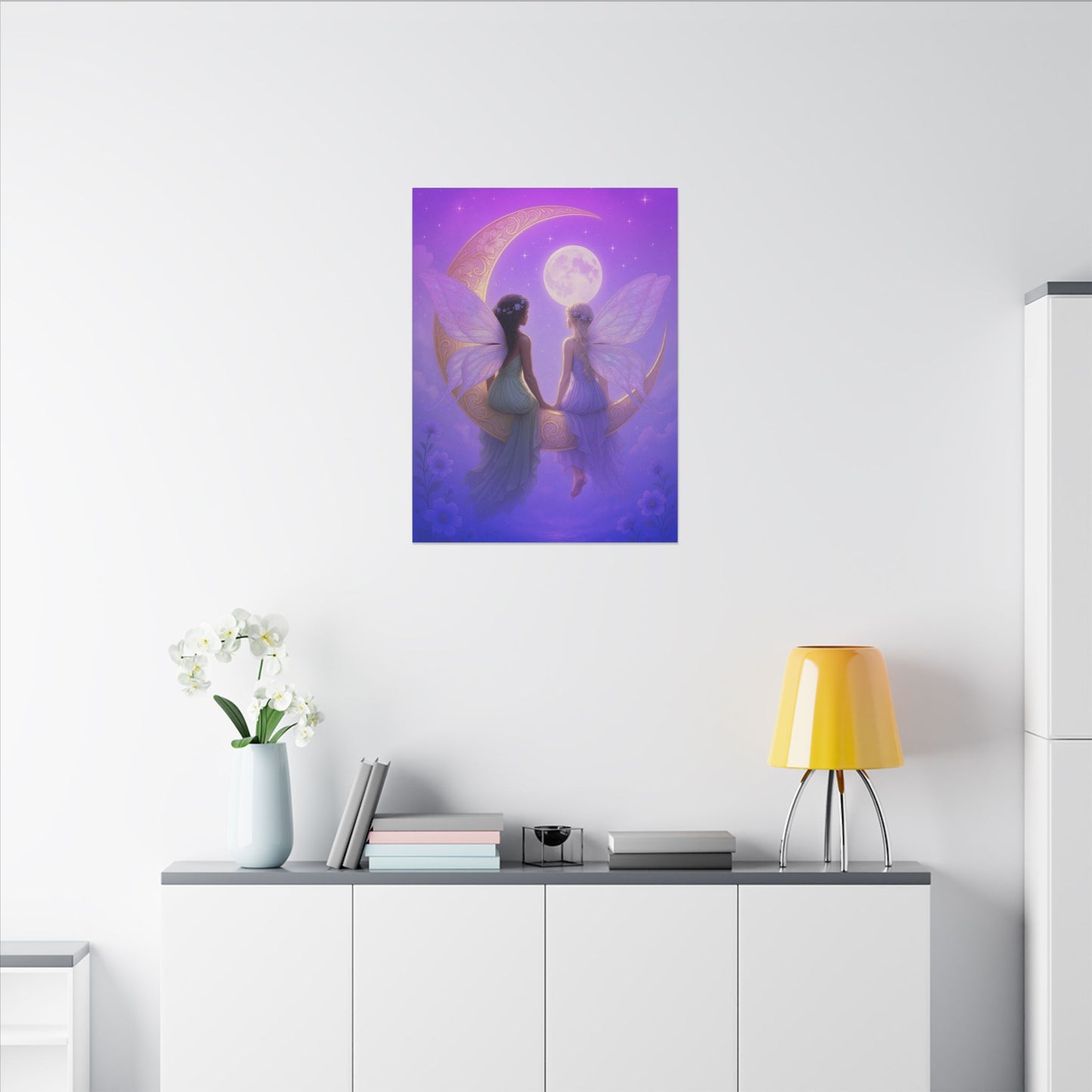 Fairy Friends on the Moon – Enchanted Purple Dream Wall Art