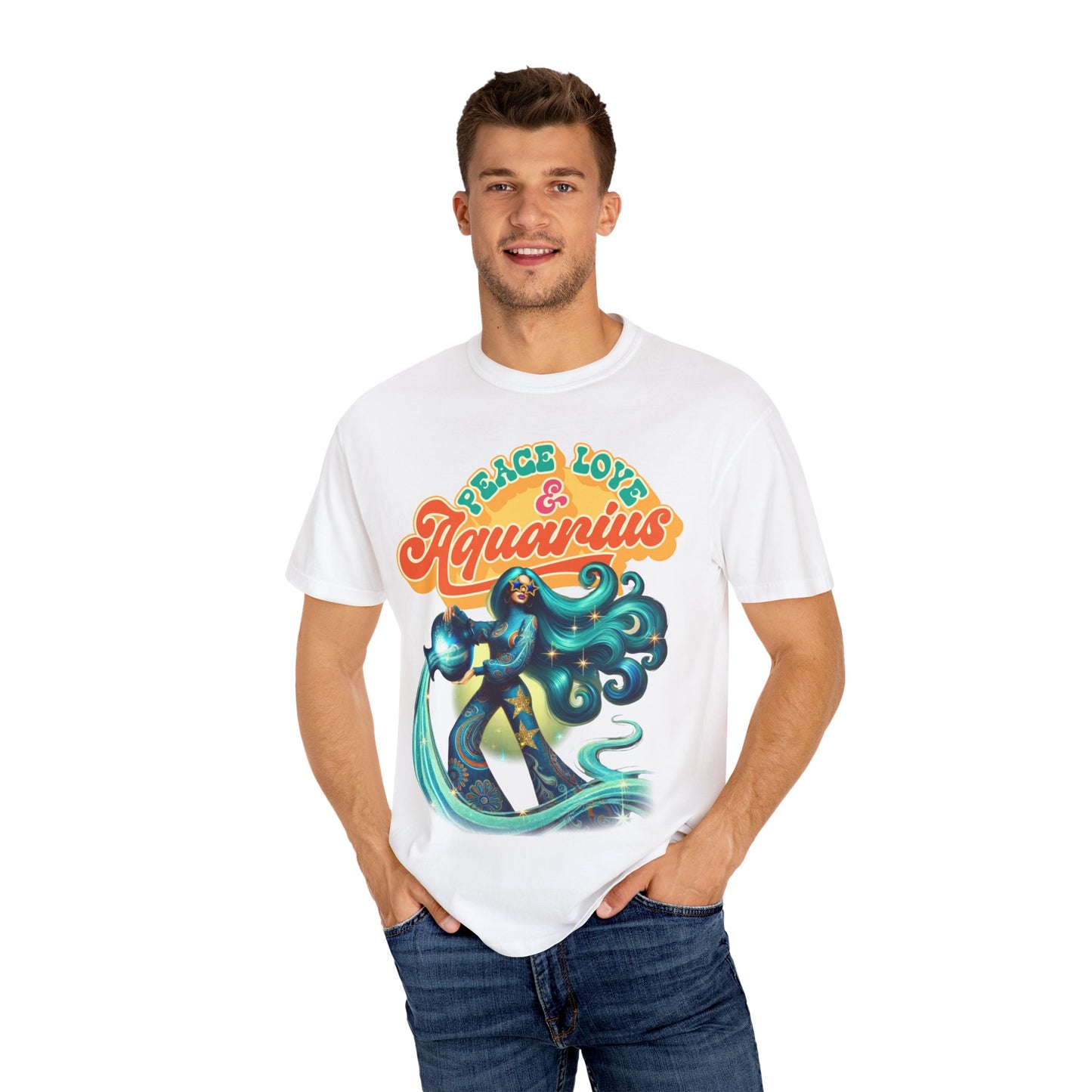 Peace Love & Aquarius – Retro Zodiac Water Bearer Tee