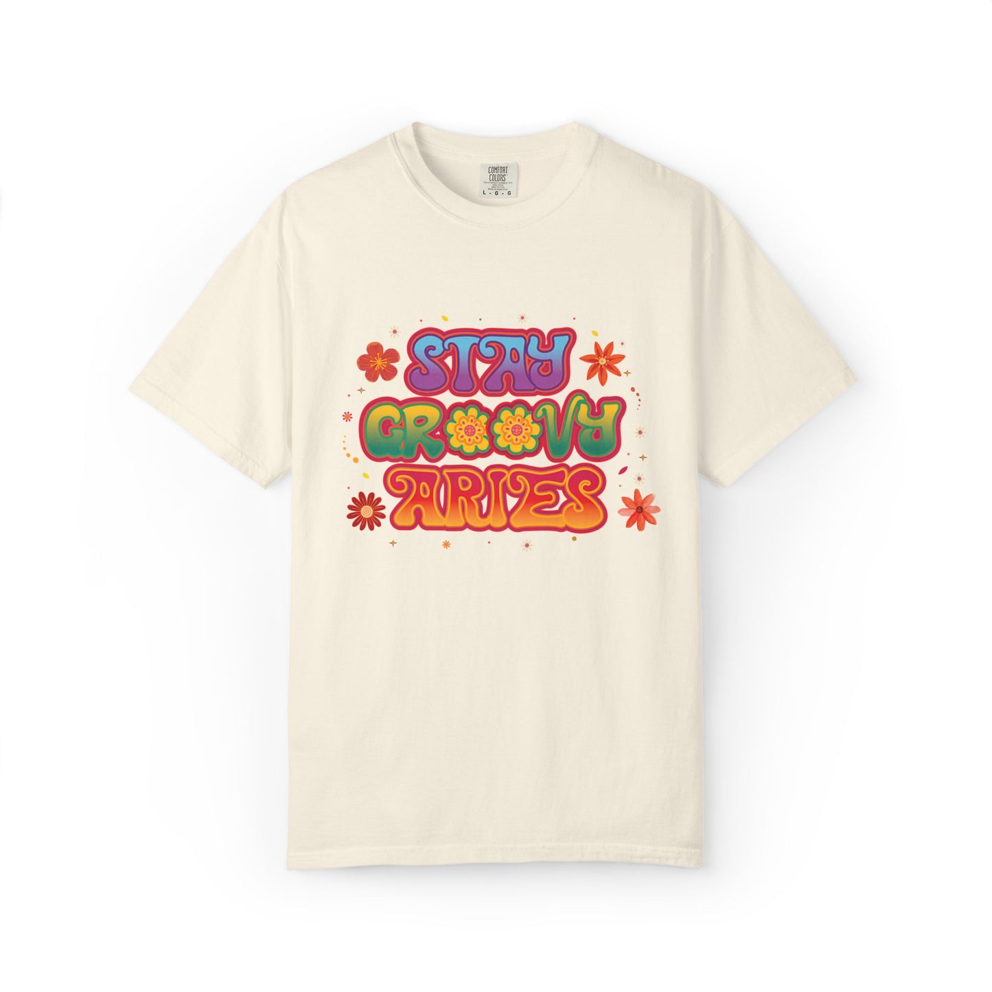 Stay Groovy Aries Tee – Colorful Retro Zodiac Shirt, 70s Flower Power Style