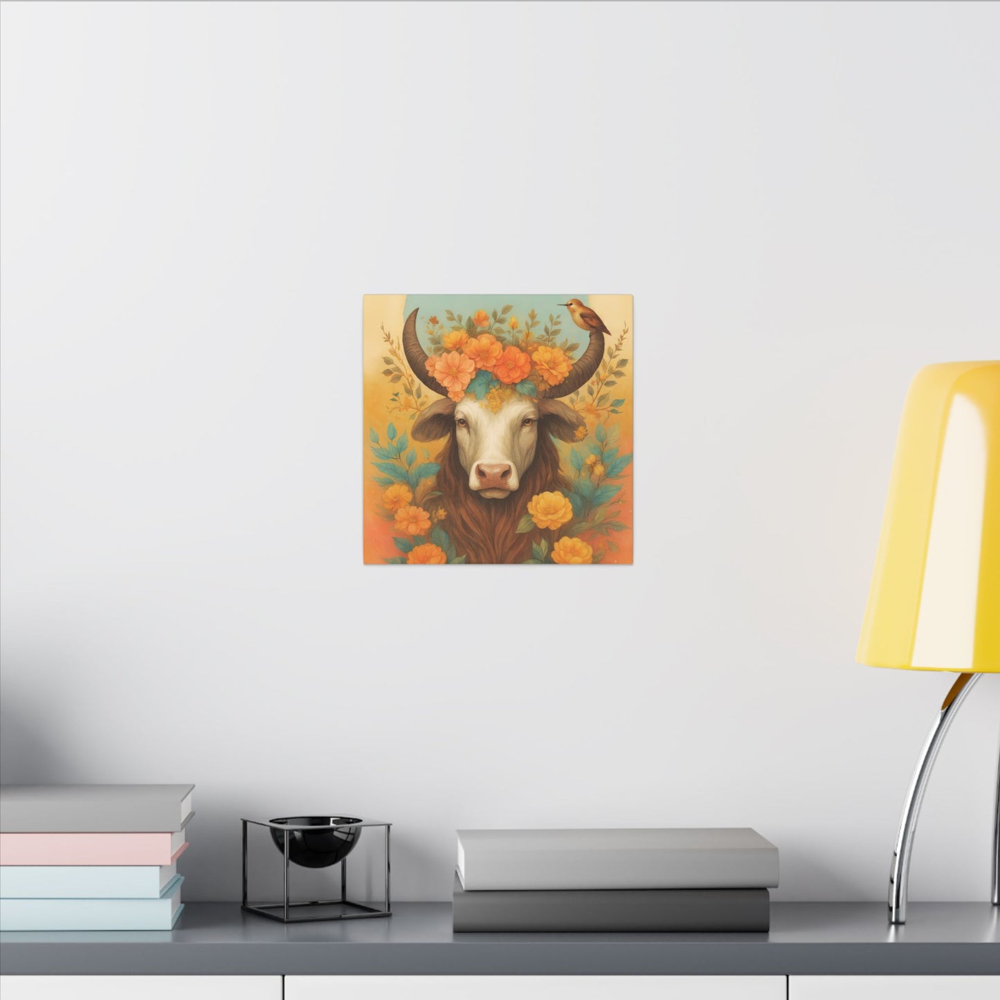 Bull with Bird – Floral Serenity Wall Art (Taurus Inspired), Square