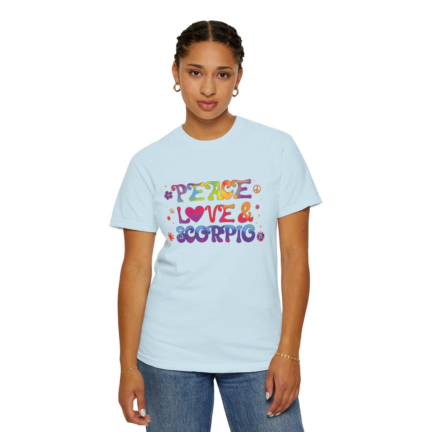 Peace Love & Scorpio Tee β Colorful Retro Zodiac Shirt