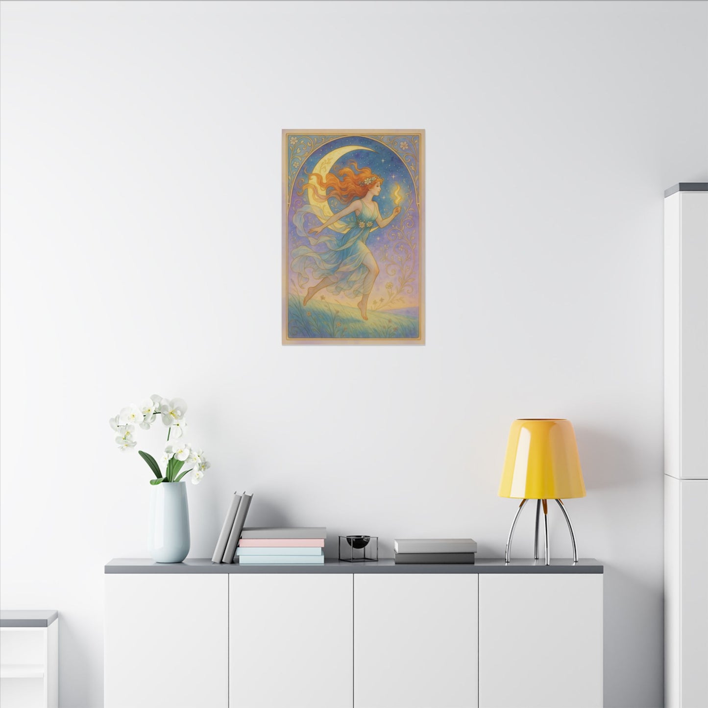 Flame Keeper Running Free – Moonlit Goddess Art Nouveau Canvas Wall Art