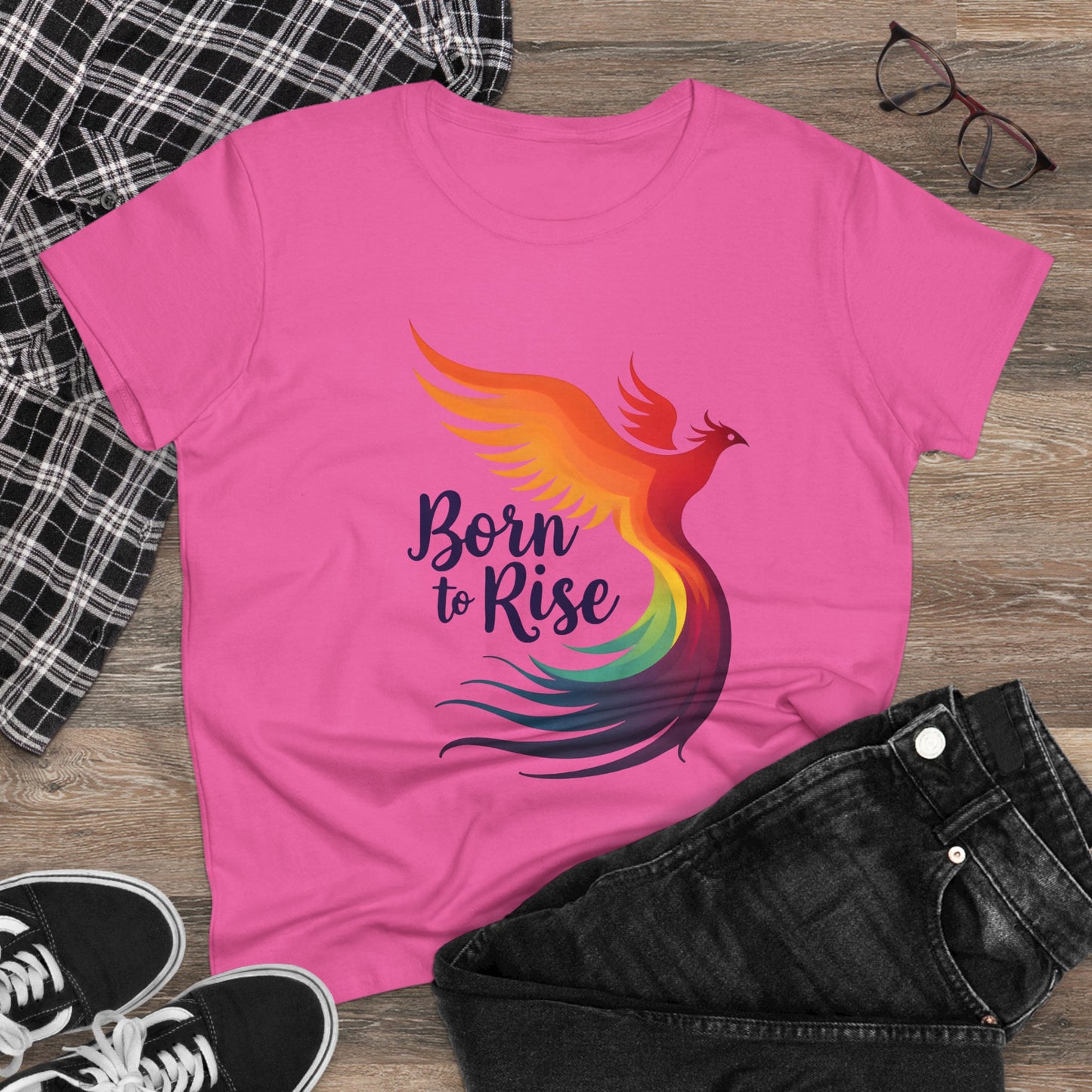Born to Rise Women’s Crewneck Tee – Empowering Phoenix Colorful Shirt