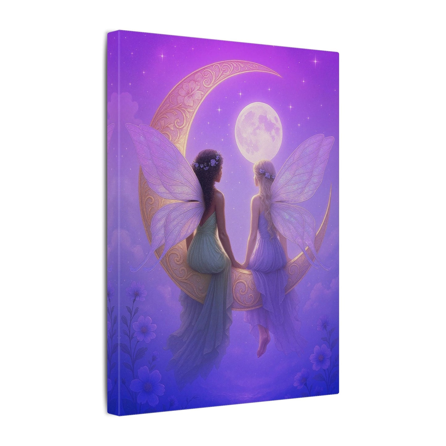 Fairy Friends on the Moon – Enchanted Purple Dream Wall Art