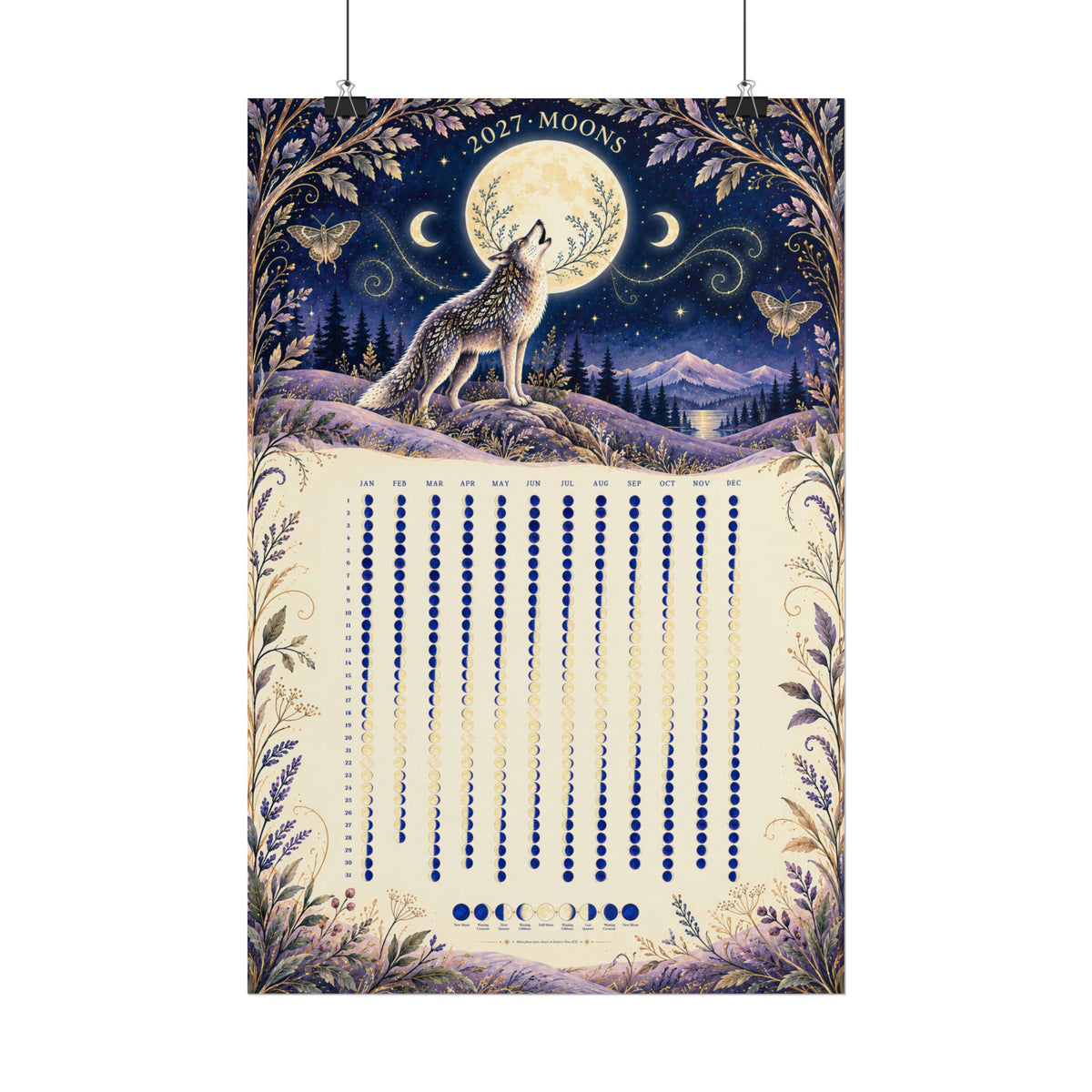 Enchanted Wolf Moon ā 2027 Moon Phase Calendar Poster - Daily Lunar Phases