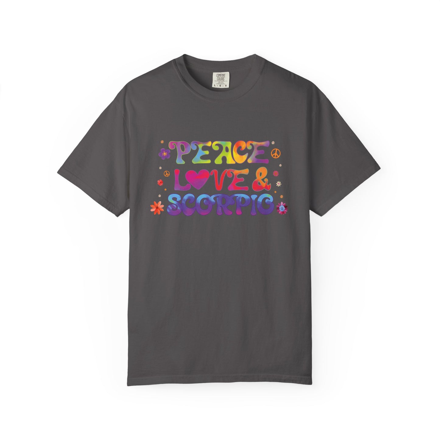 Peace Love & Scorpio Tee β Colorful Retro Zodiac Shirt