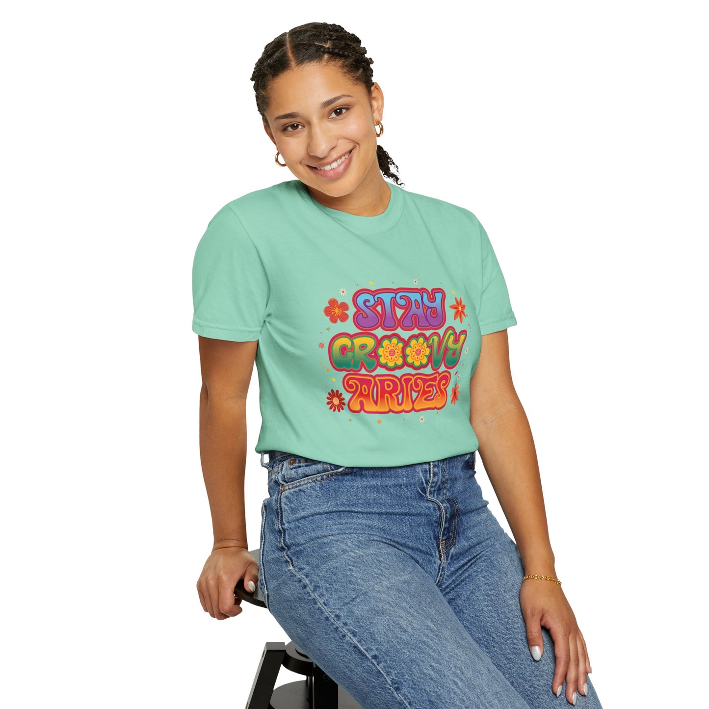 Stay Groovy Aries Tee – Colorful Retro Zodiac Shirt, 70s Flower Power Style