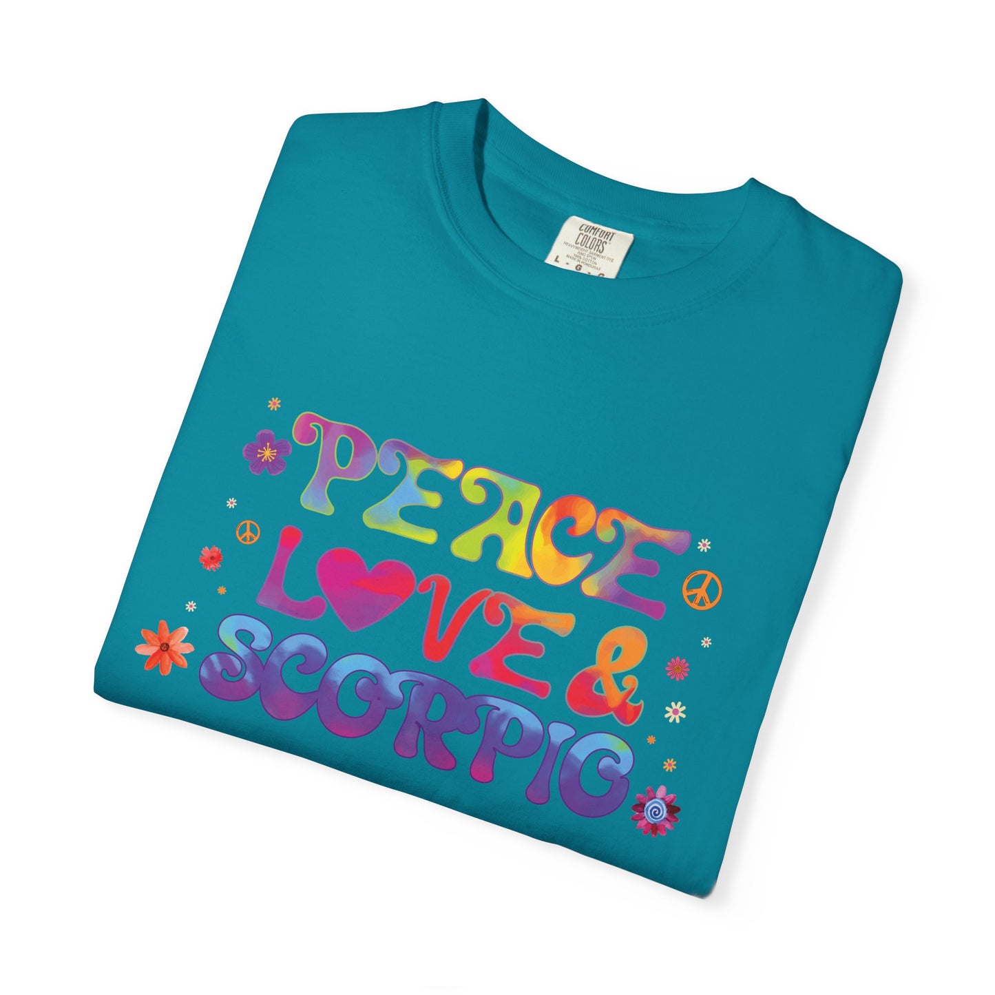 Peace Love & Scorpio Tee β Colorful Retro Zodiac Shirt