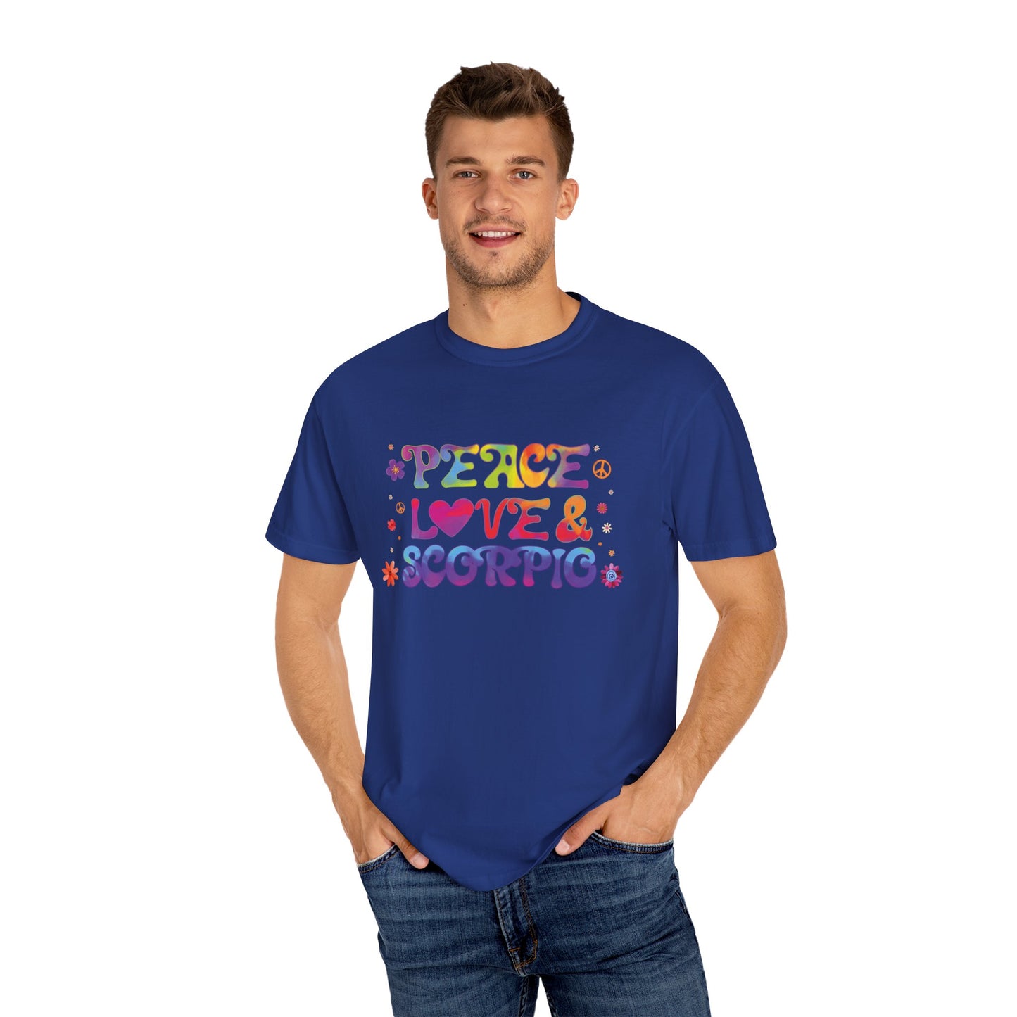 Peace Love & Scorpio Tee – Colorful Retro Zodiac Shirt