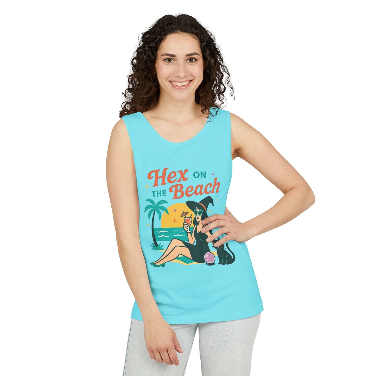 Hex on the Beach โ Sunset Witch Tank with Cat & Cocktail (Unisex)