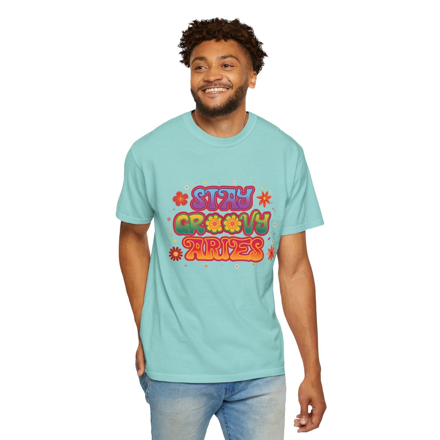 Stay Groovy Aries Tee – Colorful Retro Zodiac Shirt, 70s Flower Power Style