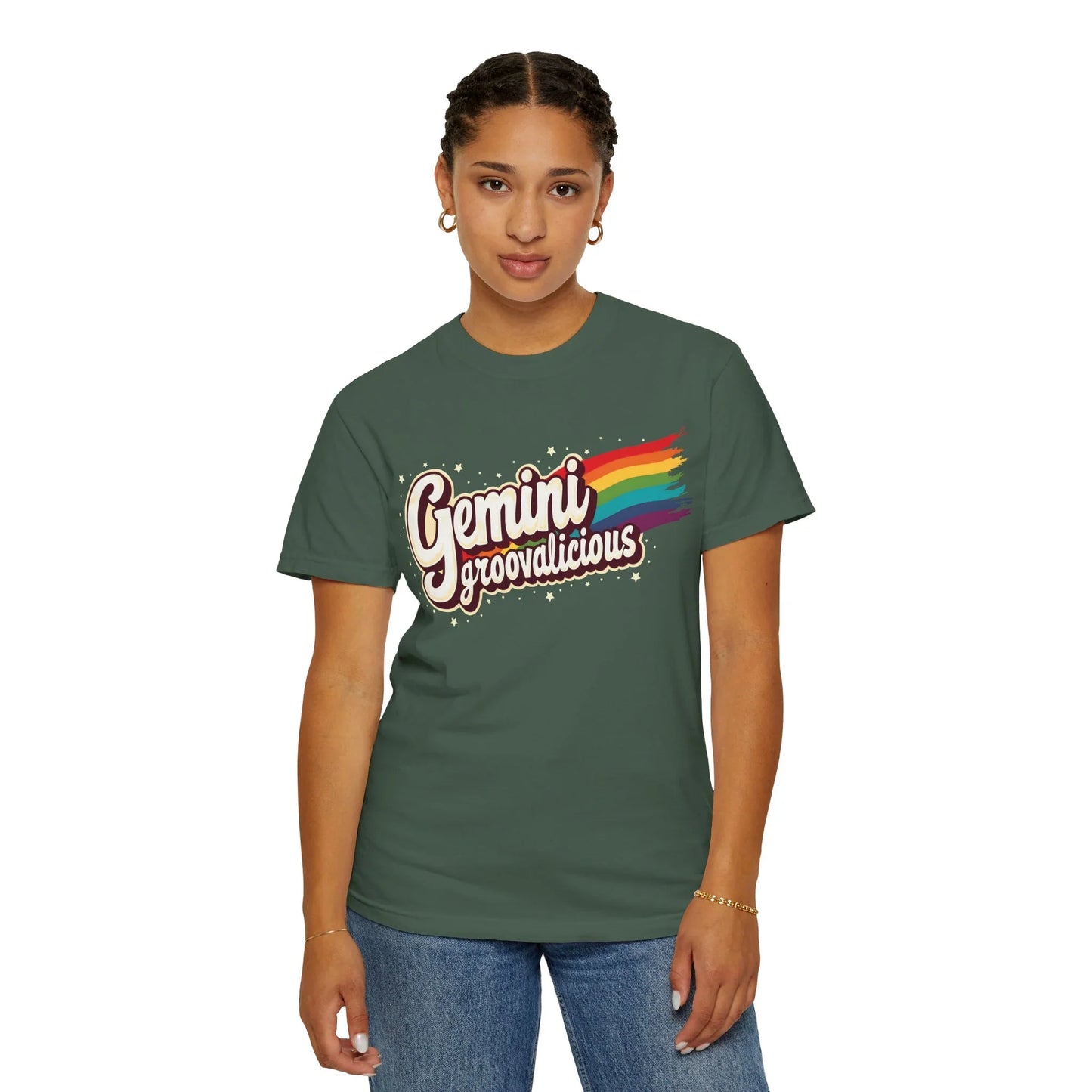 Gemini Groovalicious - Retro Rainbow Script Zodiac Tee - Enchanted Sky