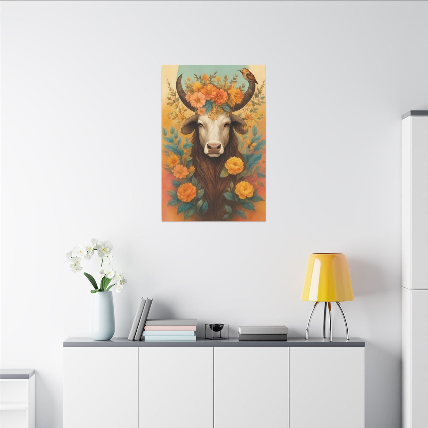 Bull with Bird – Floral Serenity Wall Art (Taurus Inspired)