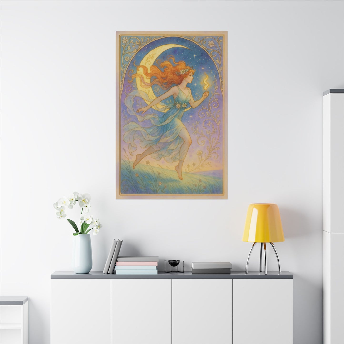 Flame Keeper Running Free – Moonlit Goddess Art Nouveau Canvas Wall Art