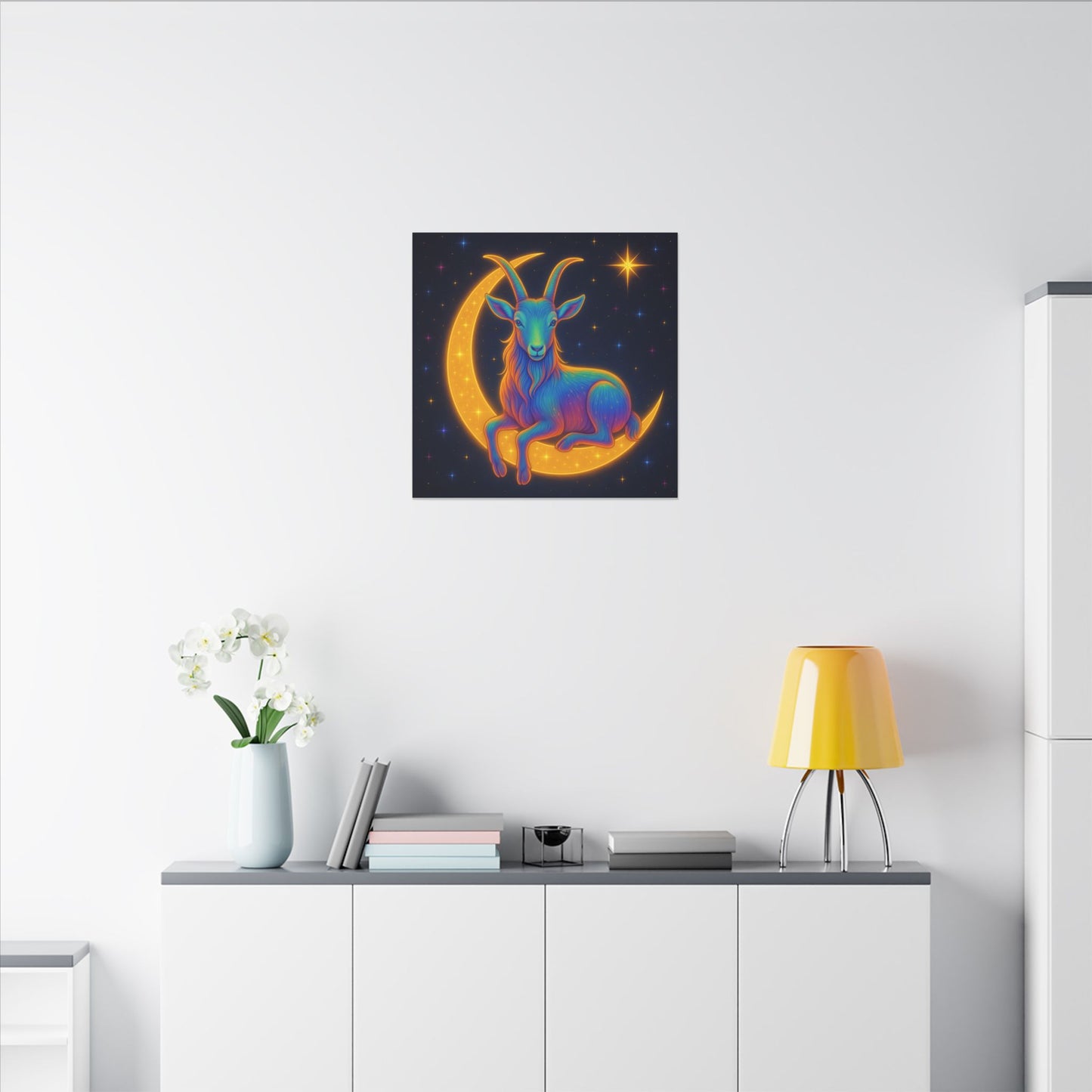 Rainbow Goat on the Moon – Capricorn Celestial Wall Art