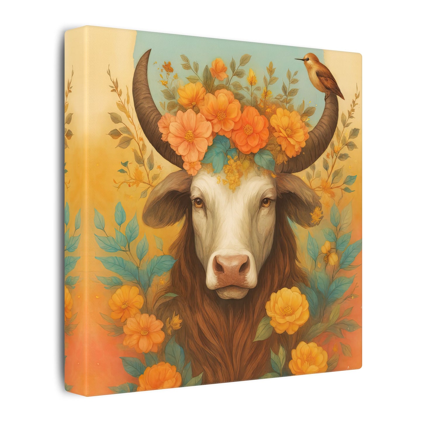 Bull with Bird – Floral Serenity Wall Art (Taurus Inspired), Square