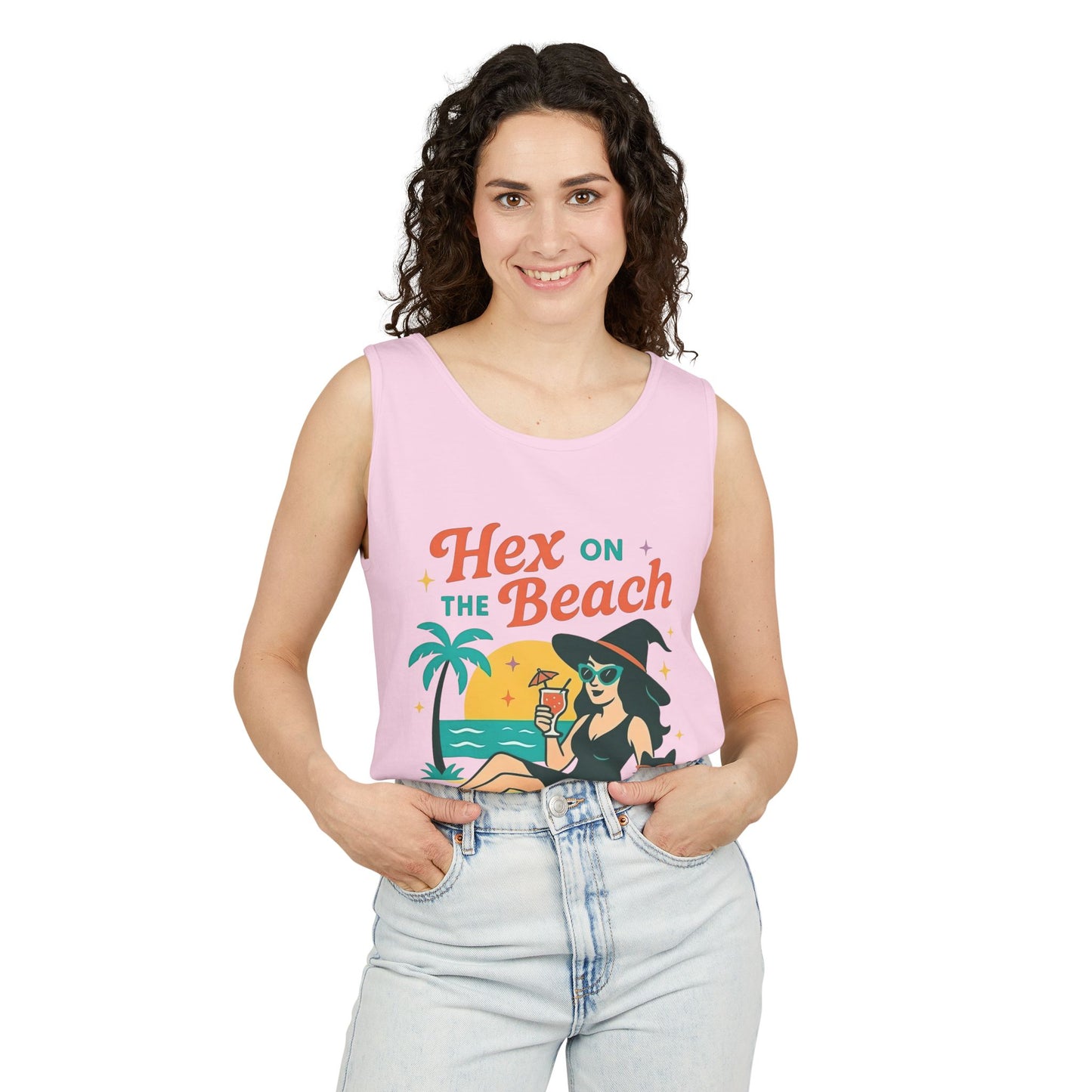 Hex on the Beach โ Sunset Witch Tank with Cat & Cocktail (Unisex)