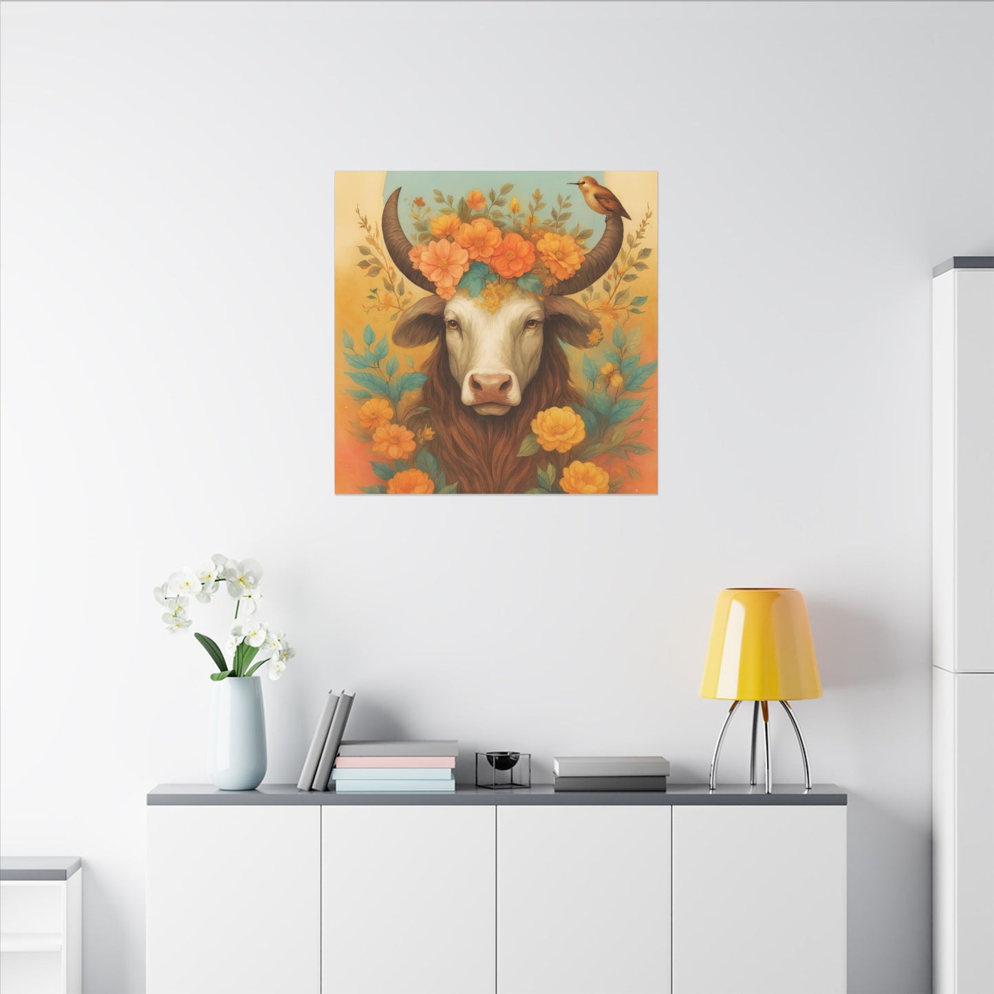 Bull with Bird – Floral Serenity Wall Art (Taurus Inspired), Square