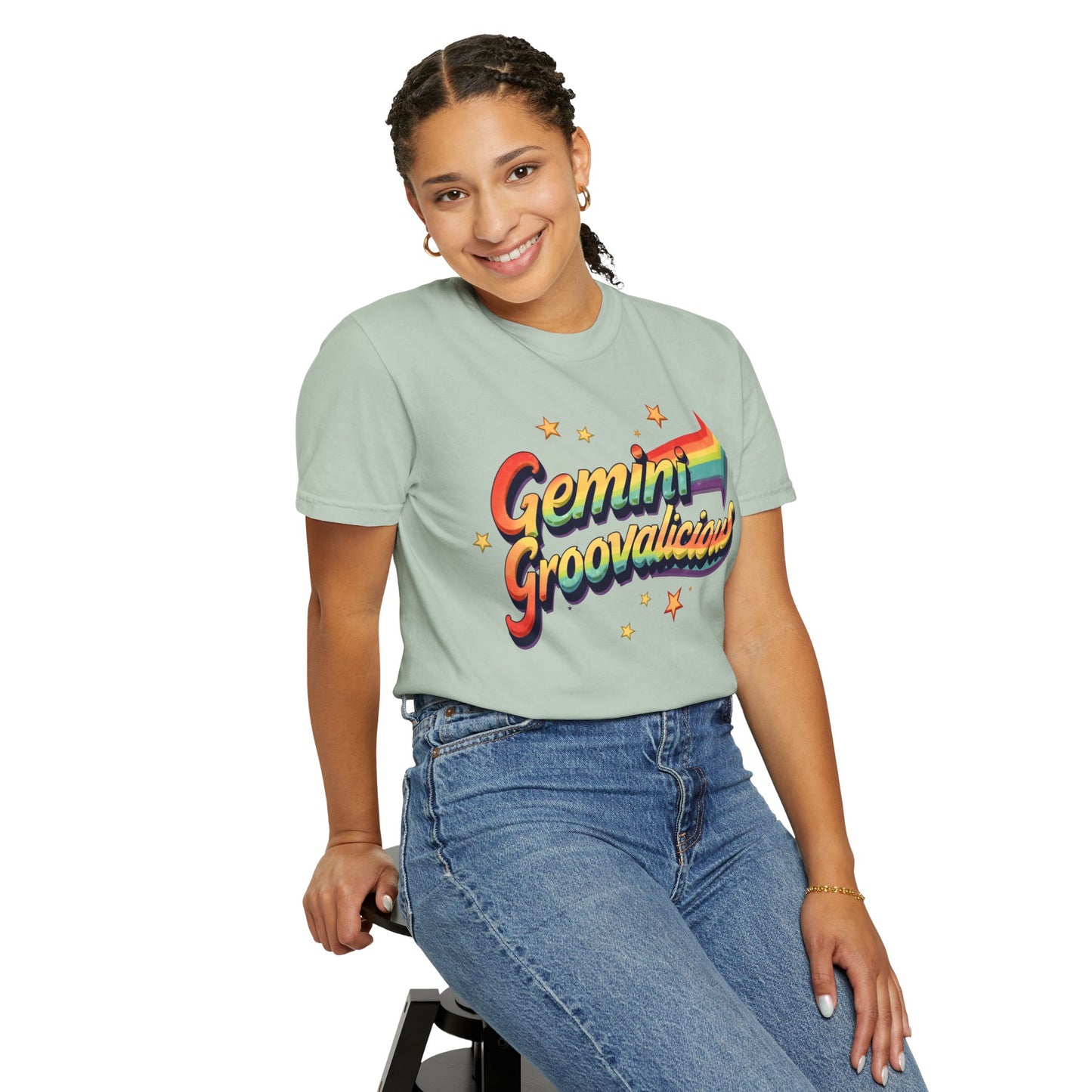 Gemini Groovalicious - Retro Rainbow Arrow Zodiac Tee