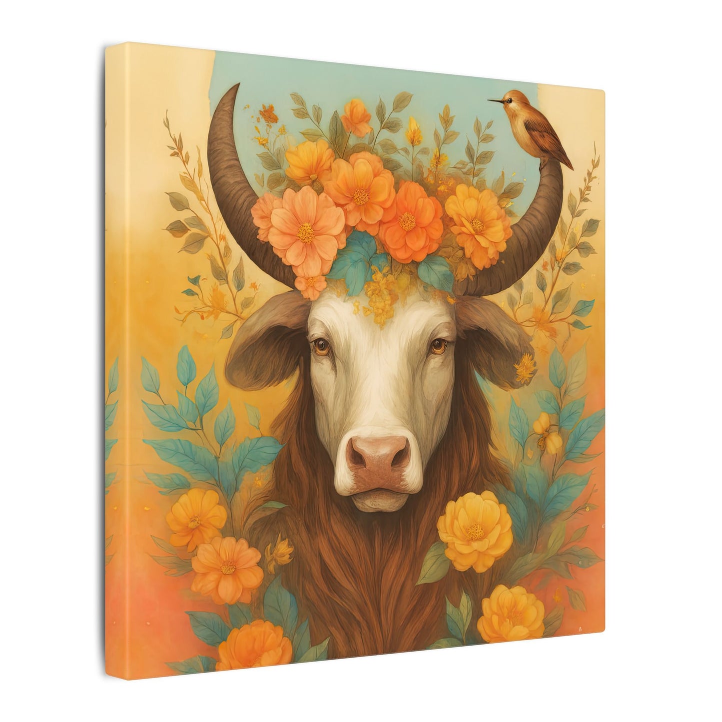 Bull with Bird – Floral Serenity Wall Art (Taurus Inspired), Square