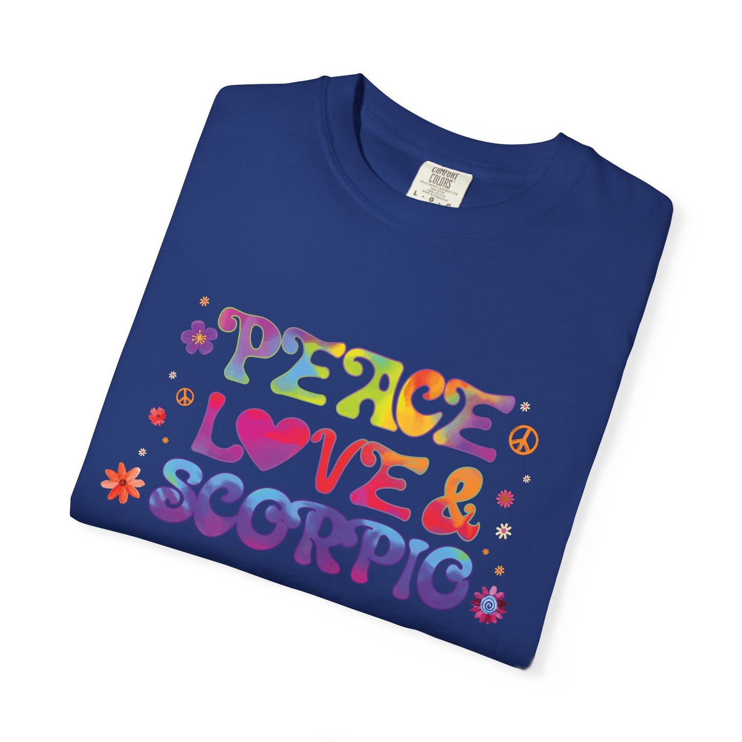 Peace Love & Scorpio Tee – Colorful Retro Zodiac Shirt