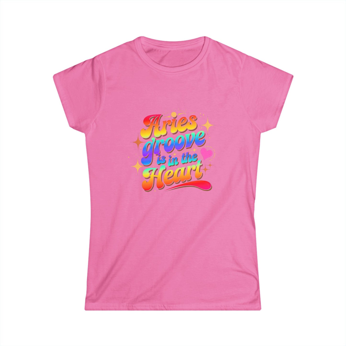 Aries Groove Is in the Heart T-Shirt | Rainbow Aries Vibes Tee | Zodiac Astrology Shirt for Her | Cosmic Birthday Gift | Women's Softstyle Star Sign Tee
