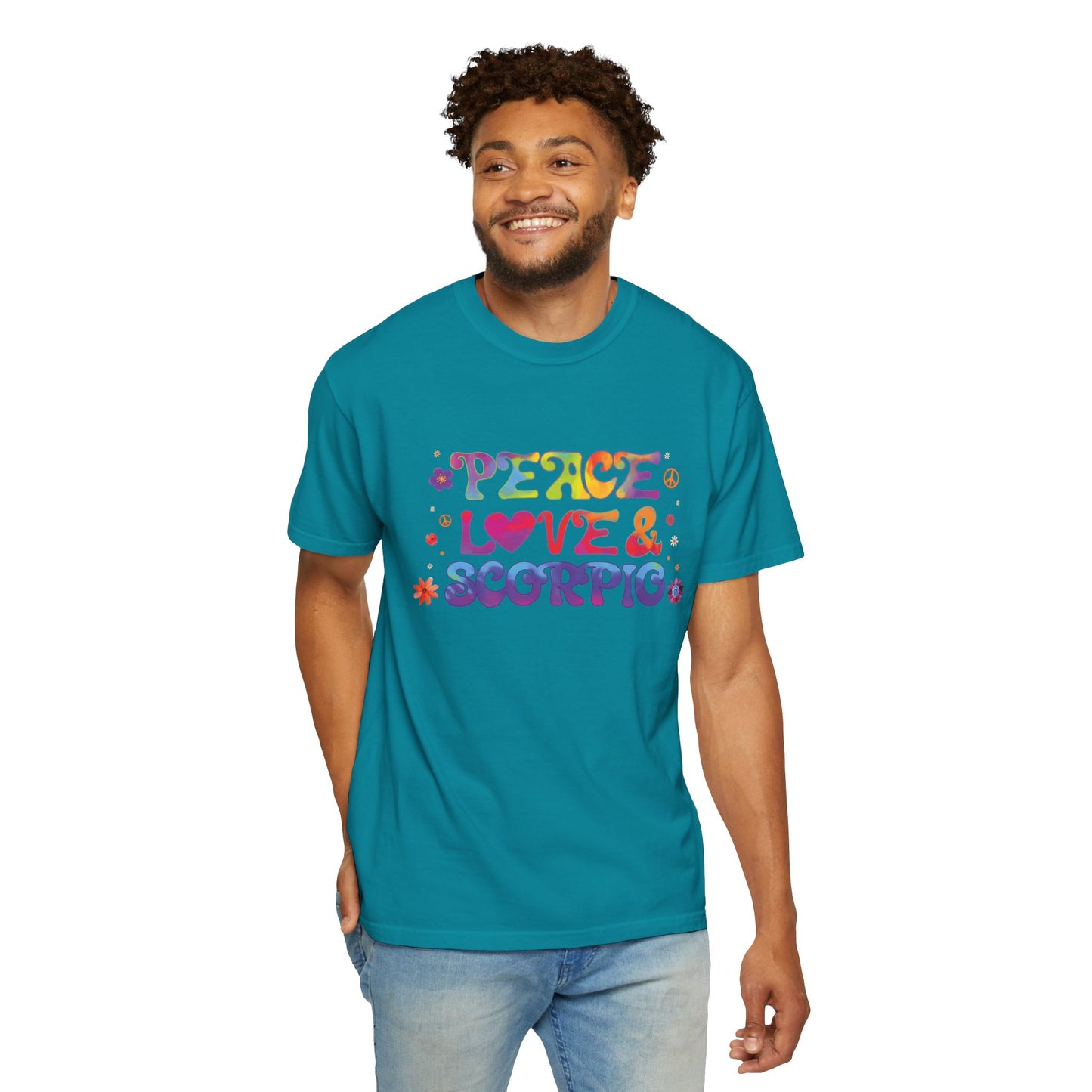 Peace Love & Scorpio Tee β Colorful Retro Zodiac Shirt