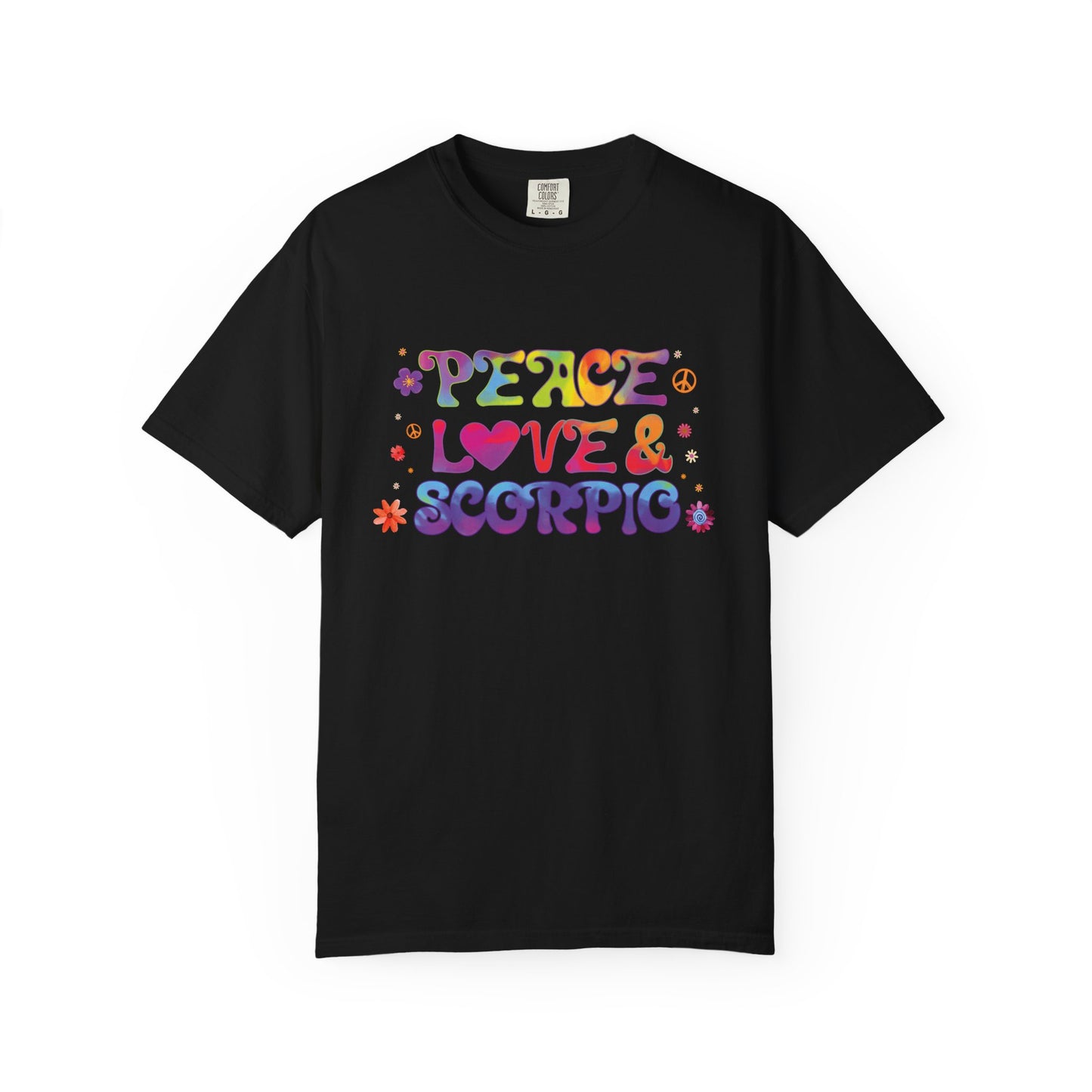 Peace Love & Scorpio Tee β Colorful Retro Zodiac Shirt