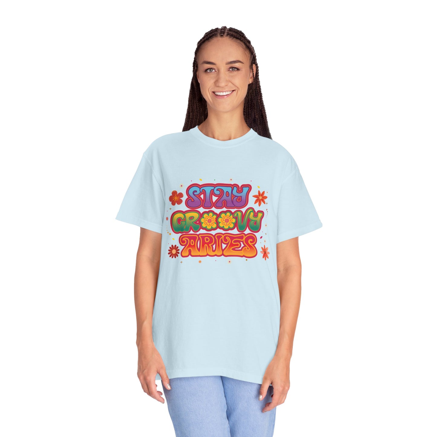 Stay Groovy Aries Tee – Colorful Retro Zodiac Shirt, 70s Flower Power Style