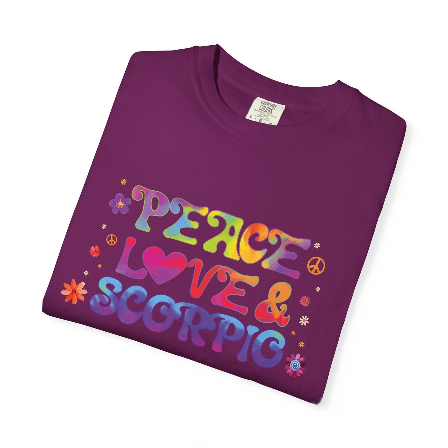 Peace Love & Scorpio Tee β Colorful Retro Zodiac Shirt