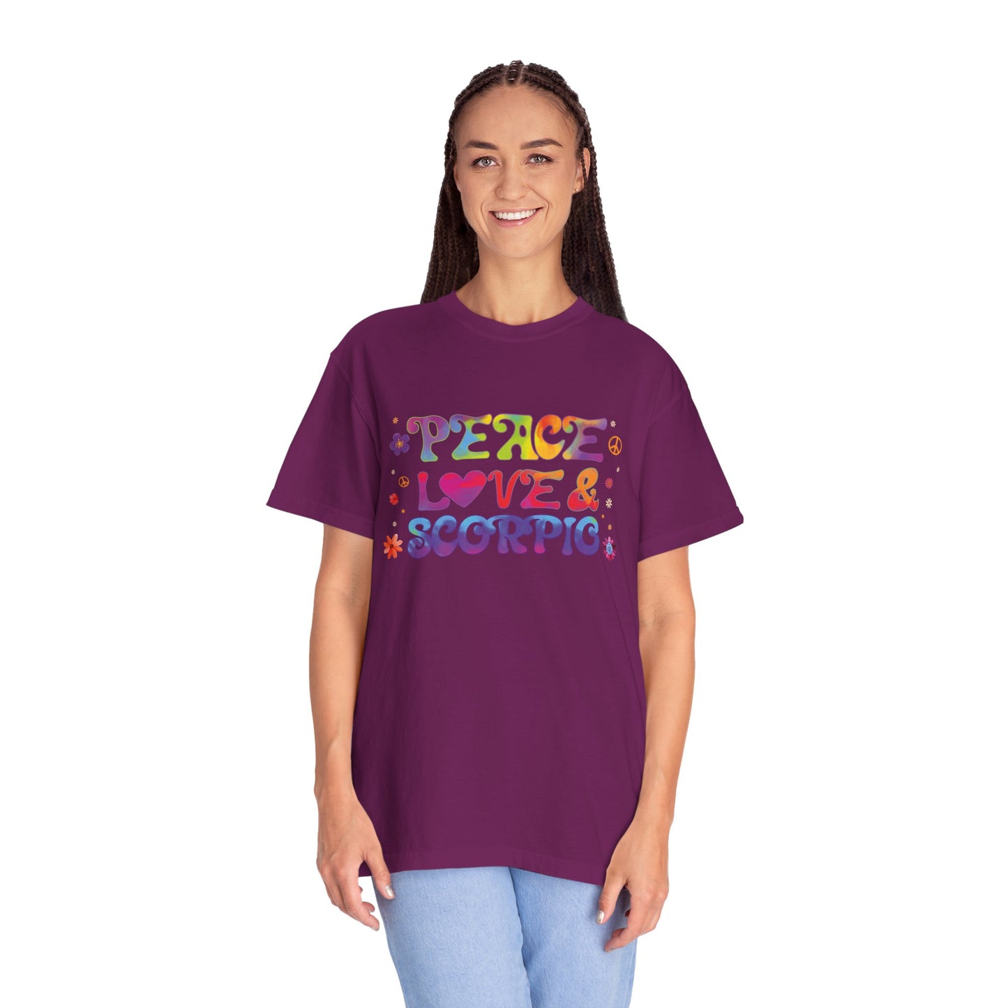 Peace Love & Scorpio Tee β Colorful Retro Zodiac Shirt