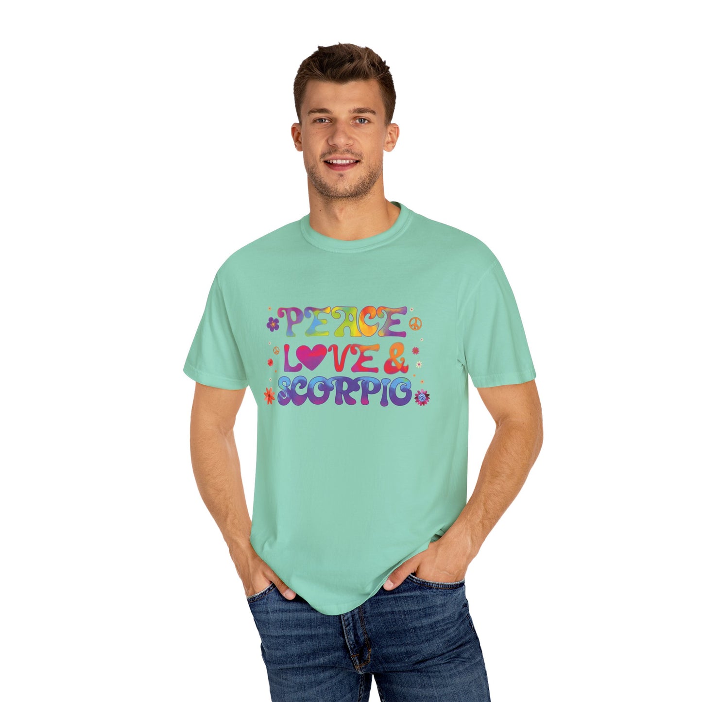Peace Love & Scorpio Tee – Colorful Retro Zodiac Shirt