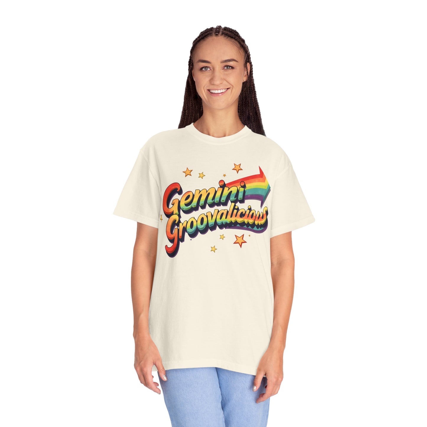 Gemini Groovalicious - Retro Rainbow Arrow Zodiac Tee