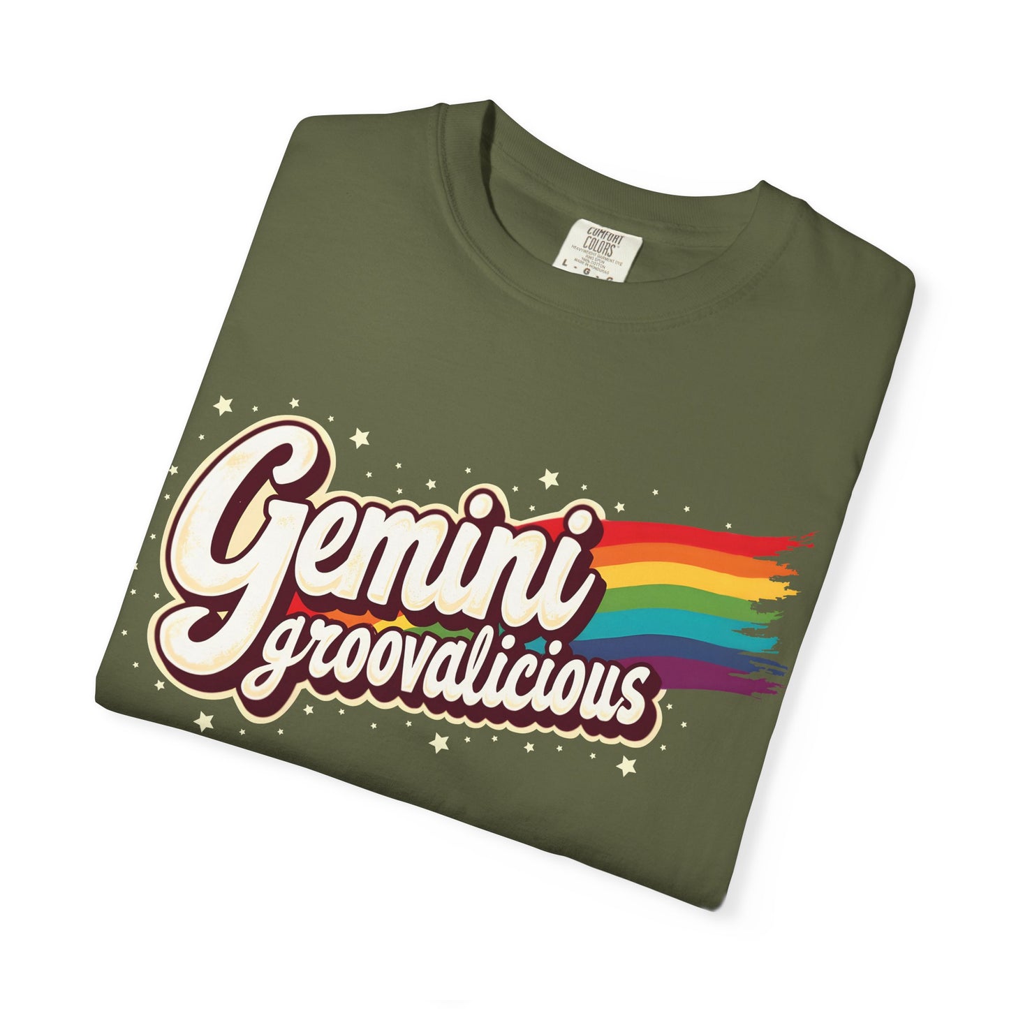 Gemini Groovalicious - Retro Rainbow Script Zodiac Tee