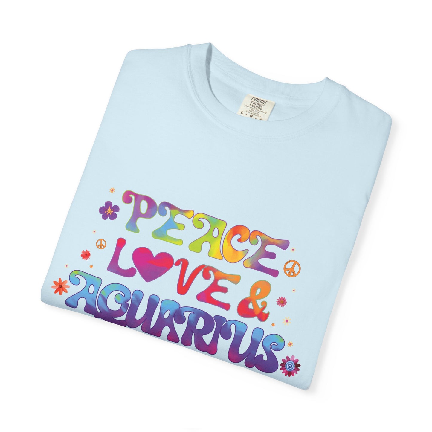 Peace Love & Aquarius Tee – Groovy Multicolor Zodiac Shirt